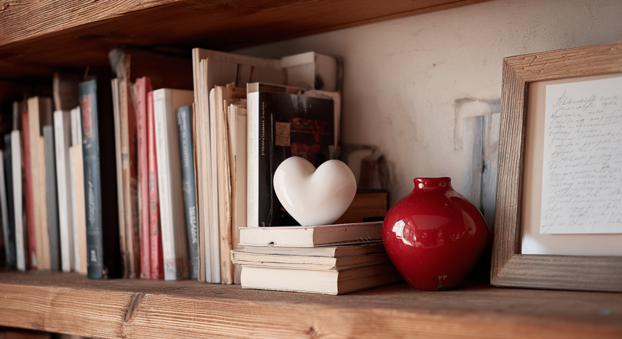 shelf styling that mixes valentine accents with books