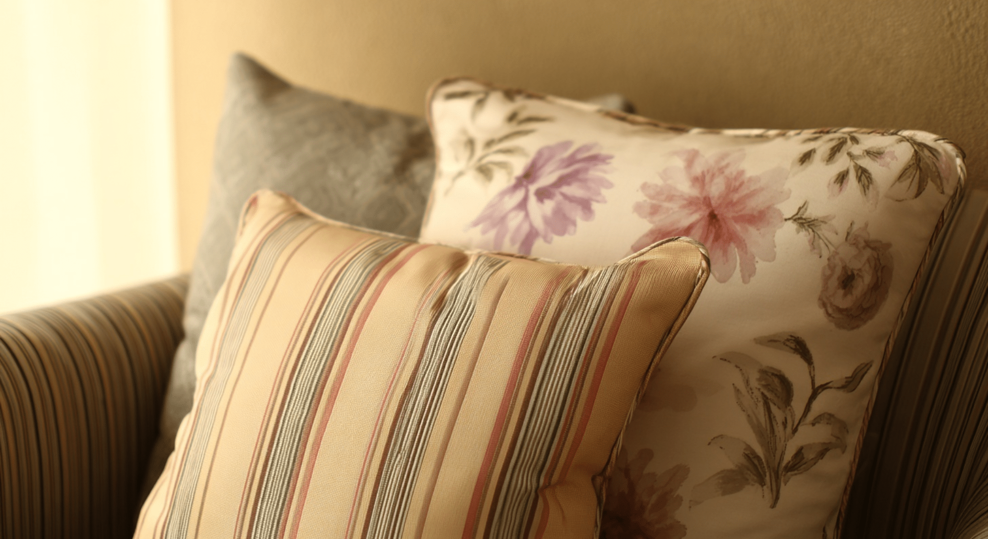 soft patterned fabrics on pillows or chairs