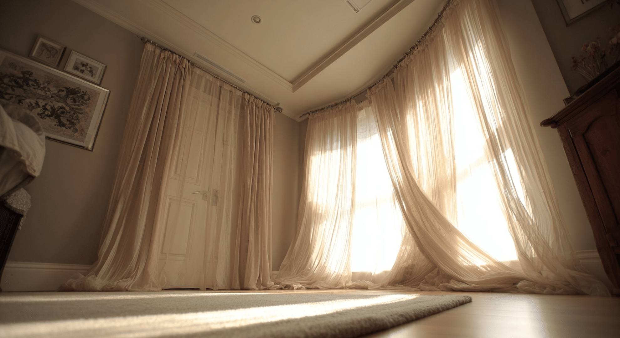 tall curtains hung close to the ceiling