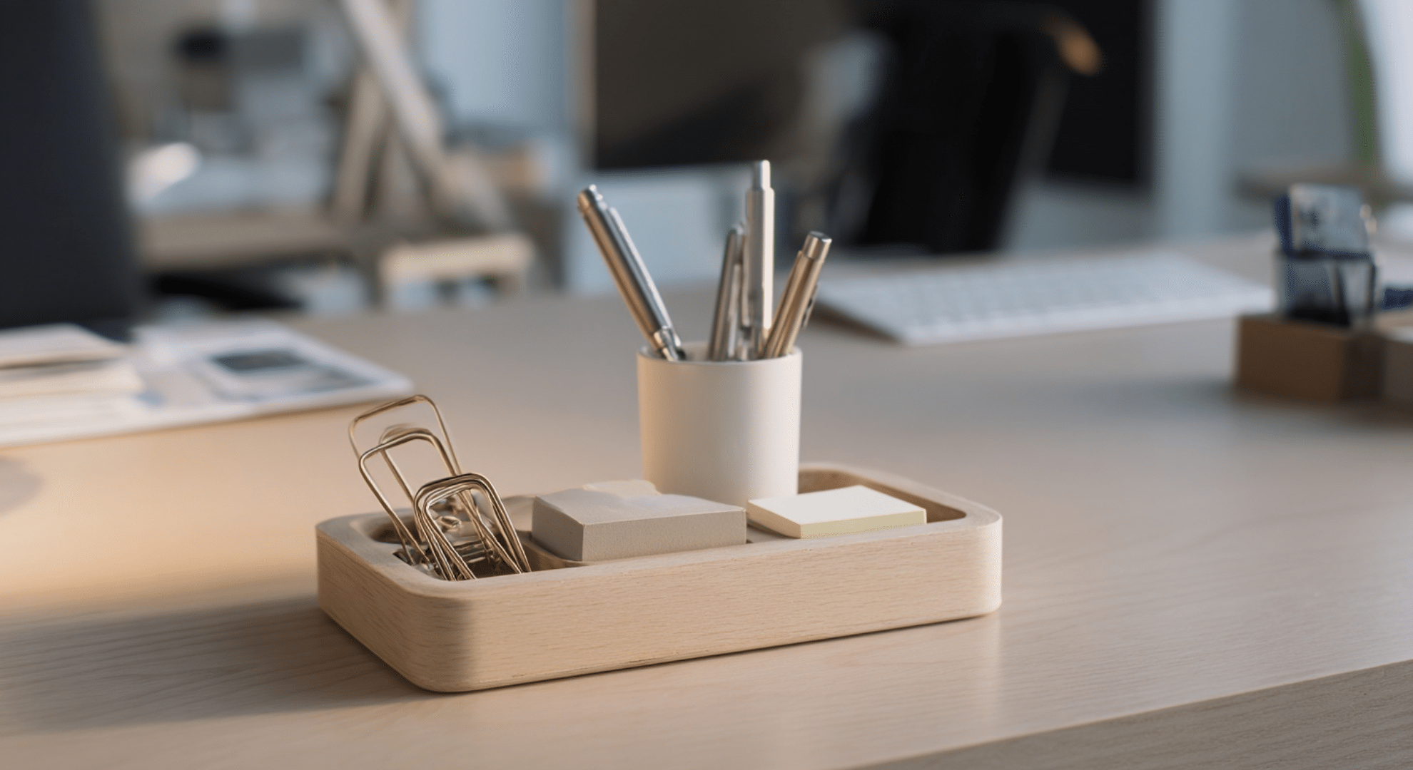 use a desk tray to control visual clutter