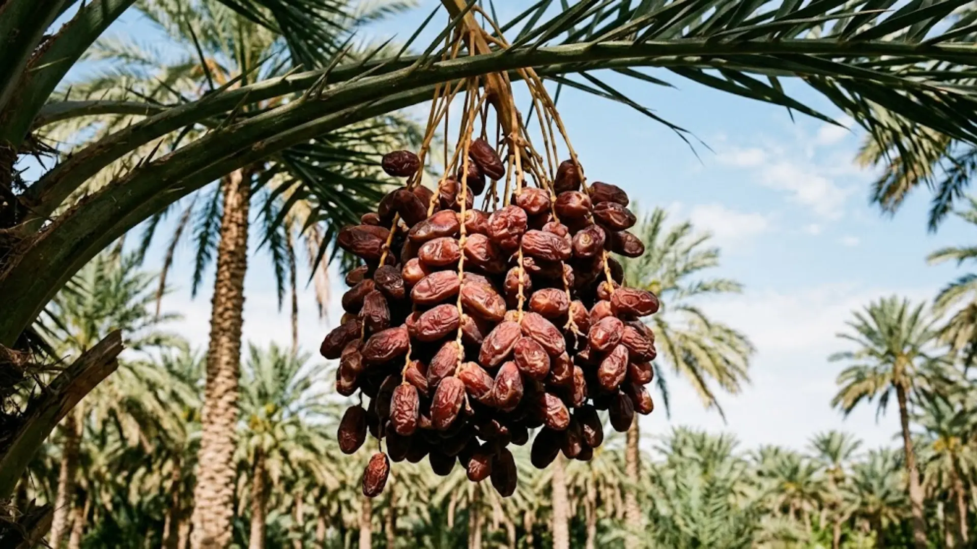 ripe date cluster hanging from palm frond in an orchard under daylight