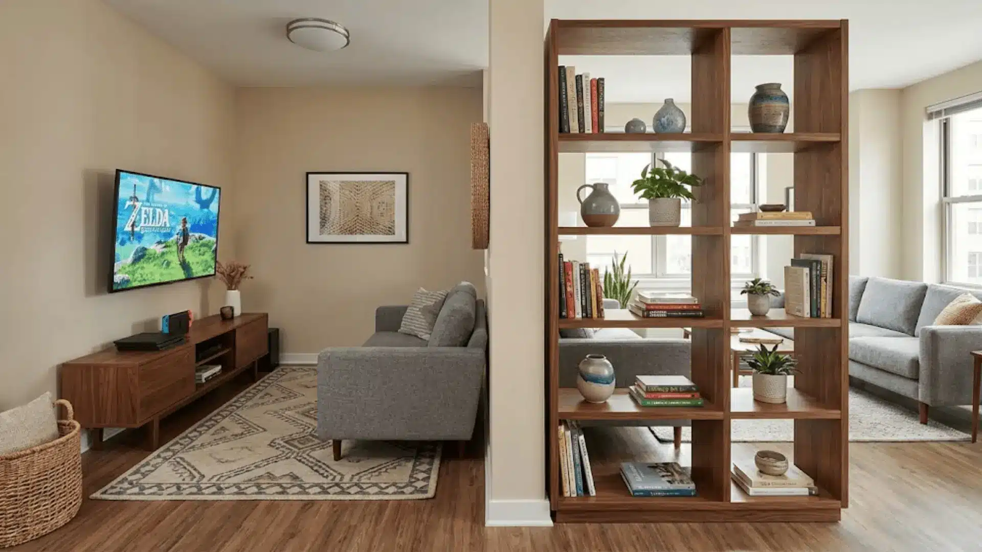 apartment living room corner dedicated to gaming with bookshelf divider and cohesive color scheme