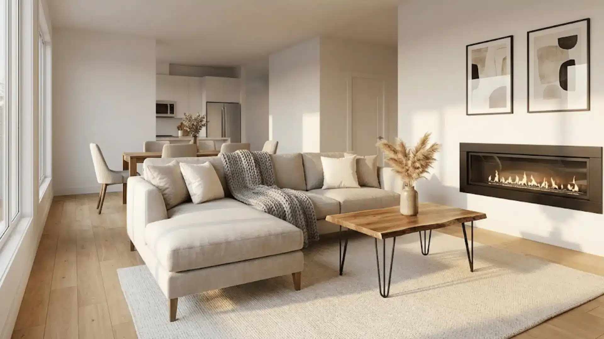 beige sectional sofa anchoring living room in open floor plan with fireplace