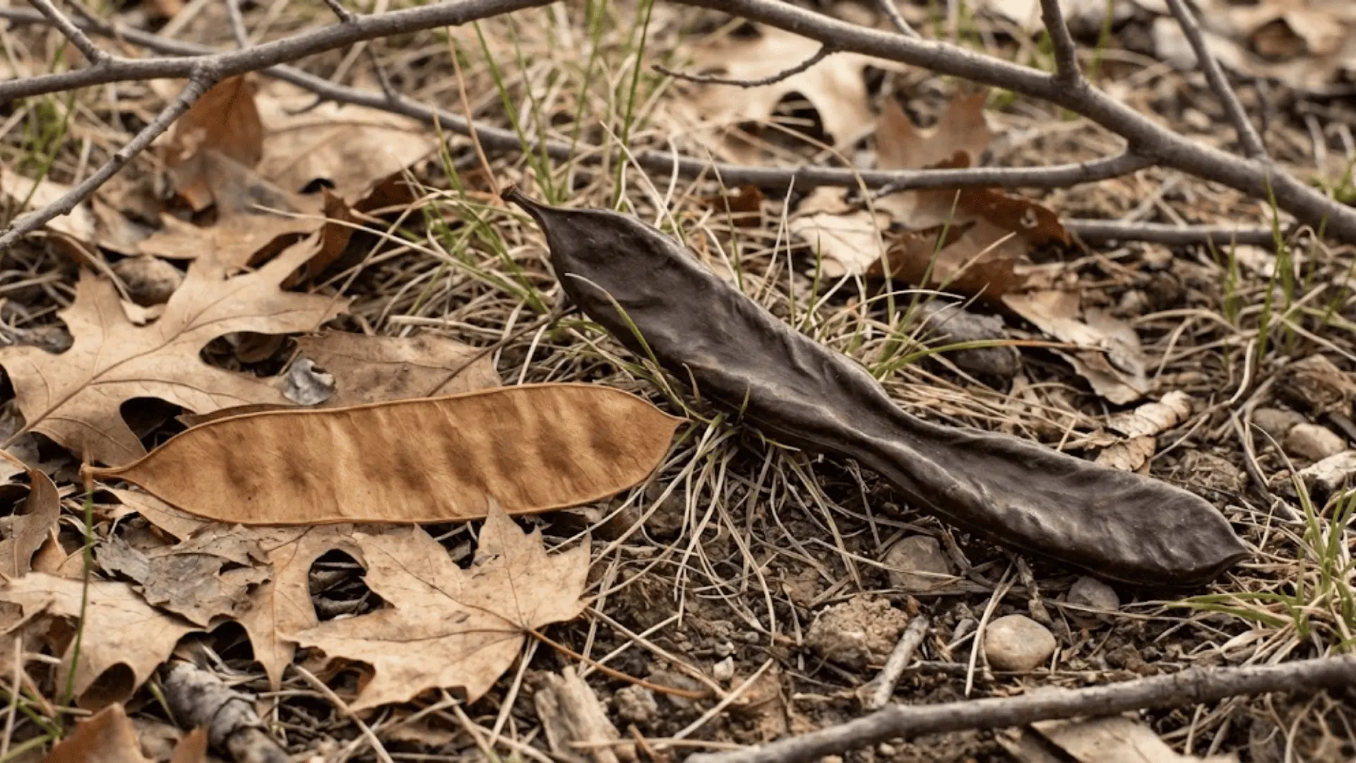black locust pod and honey locust pod side by side on autumn forest floor