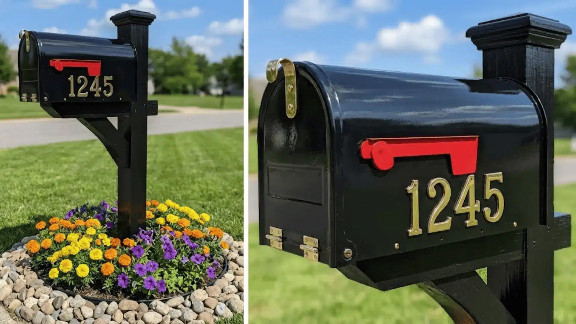 black painted mailbox with brass numbers and colorful flower bed at base