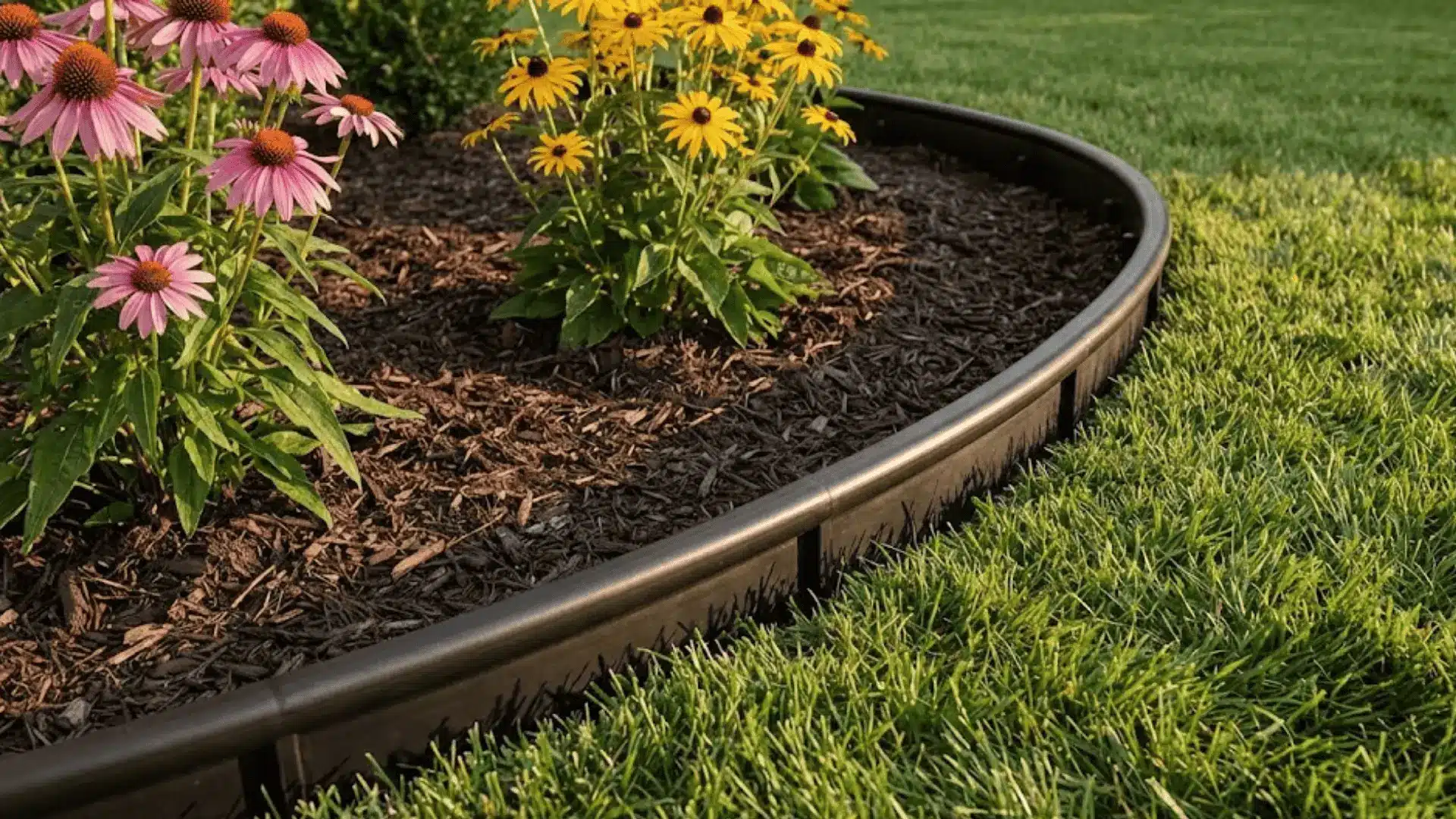 black plastic landscape edging separating mulched garden bed from green lawn