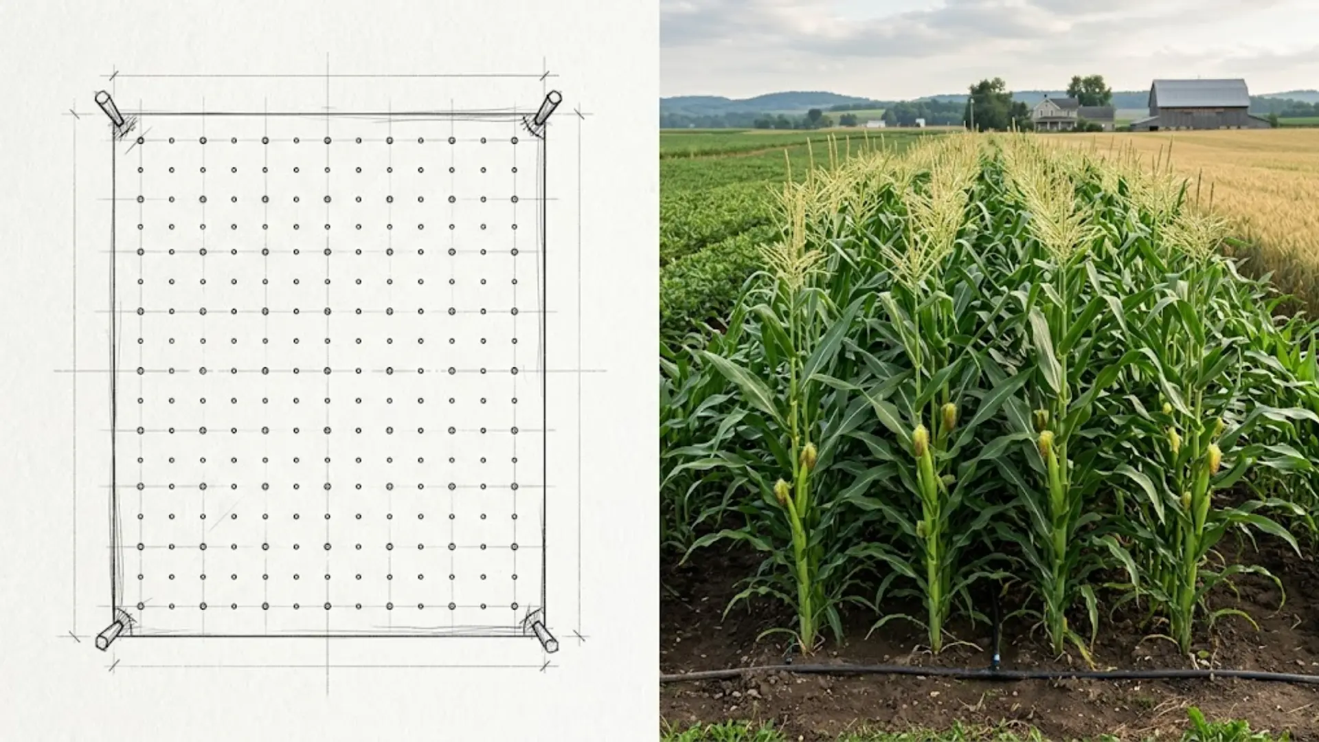 diagram and real photo of a block planting layout with corn stalks