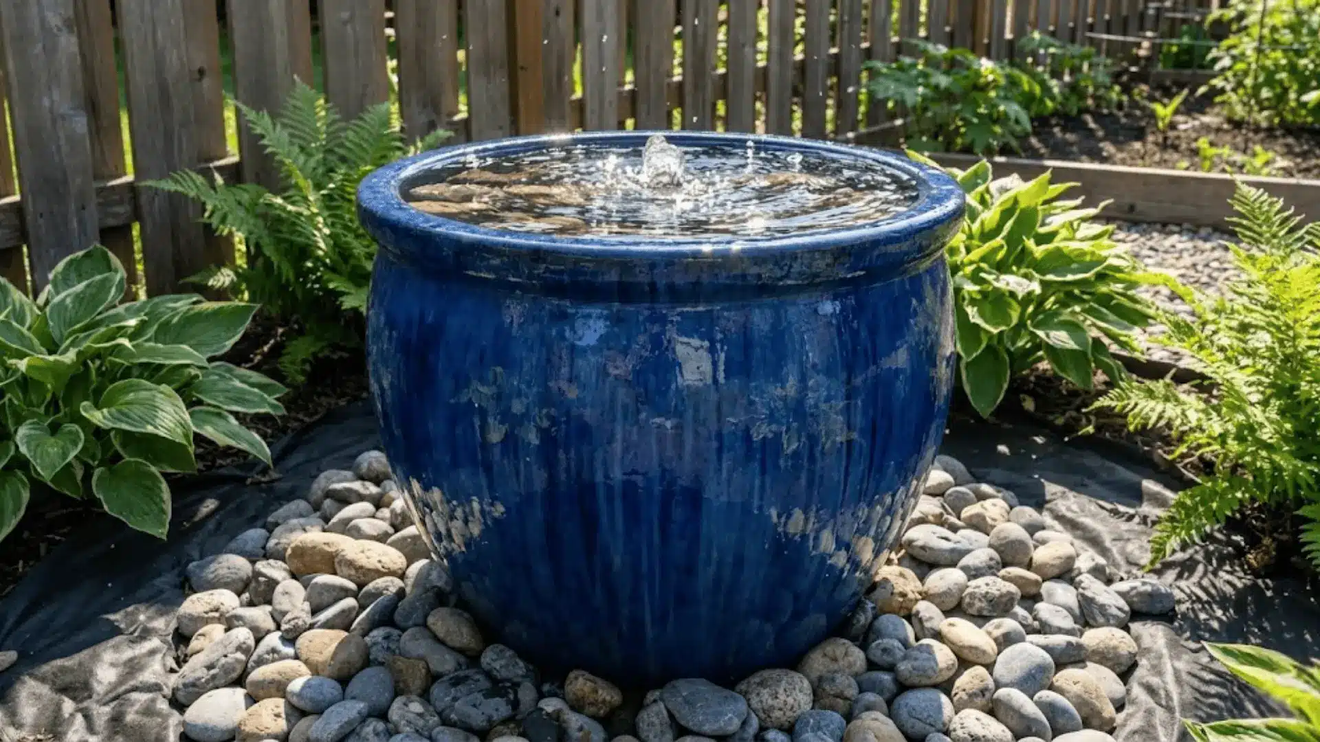 blue ceramic pot fountain with bubbling water surrounded by river rocks