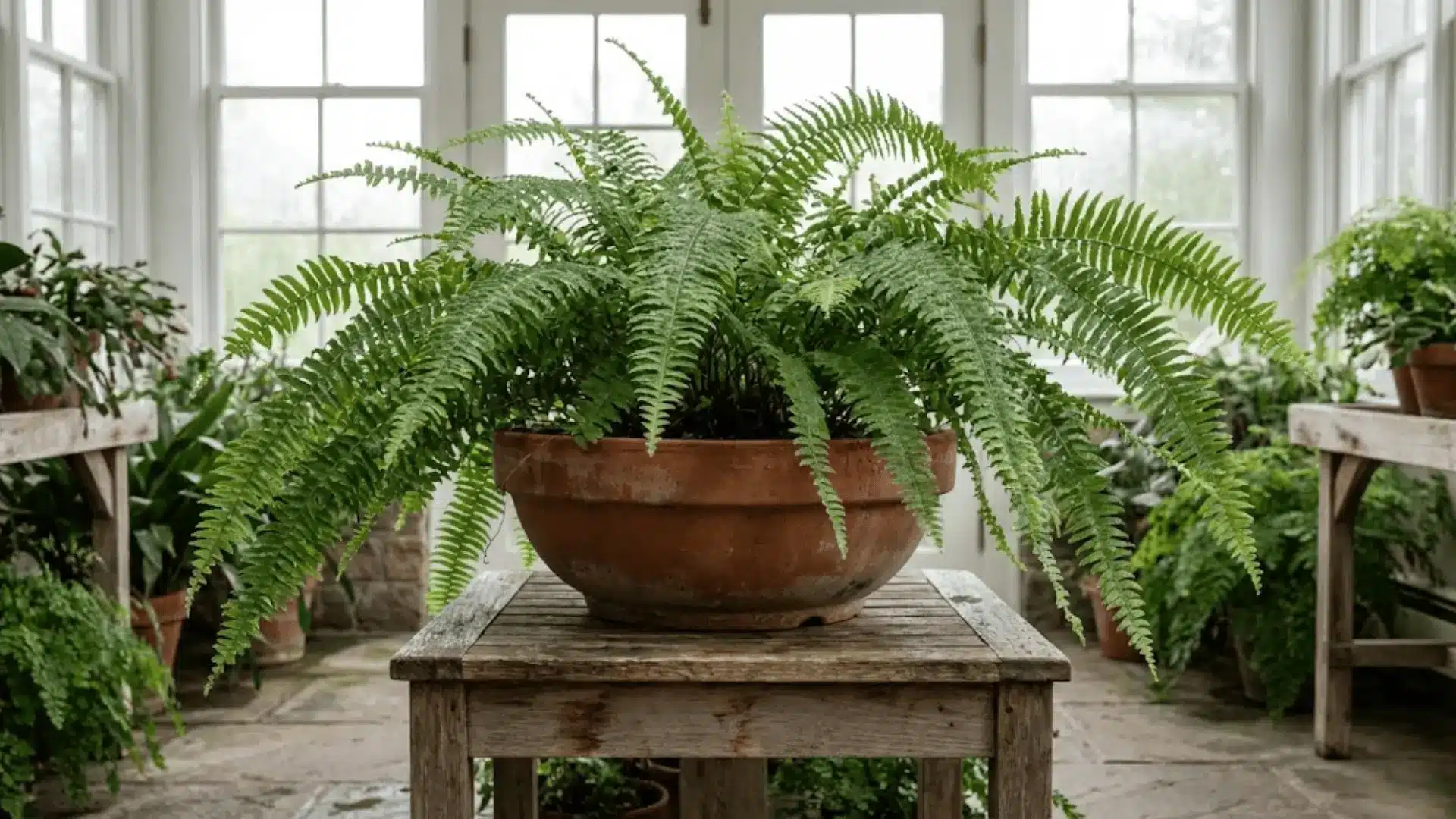 boston fern with arching feathery fronds in a terracotta pot on a wooden stand in a humid sunroom