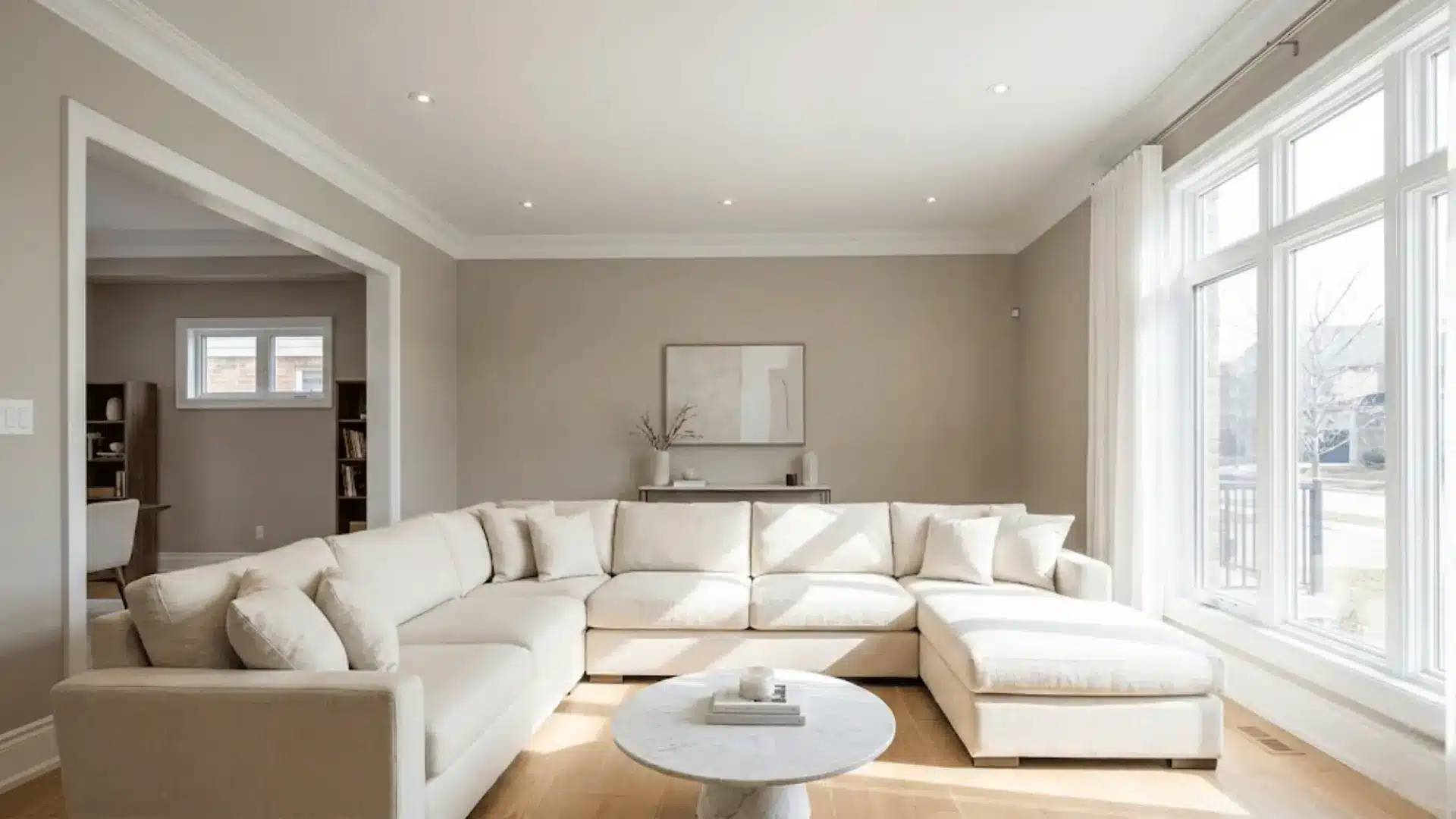 bright living room with soaring ten-foot ceiling large windows and open doorway showing height contrast