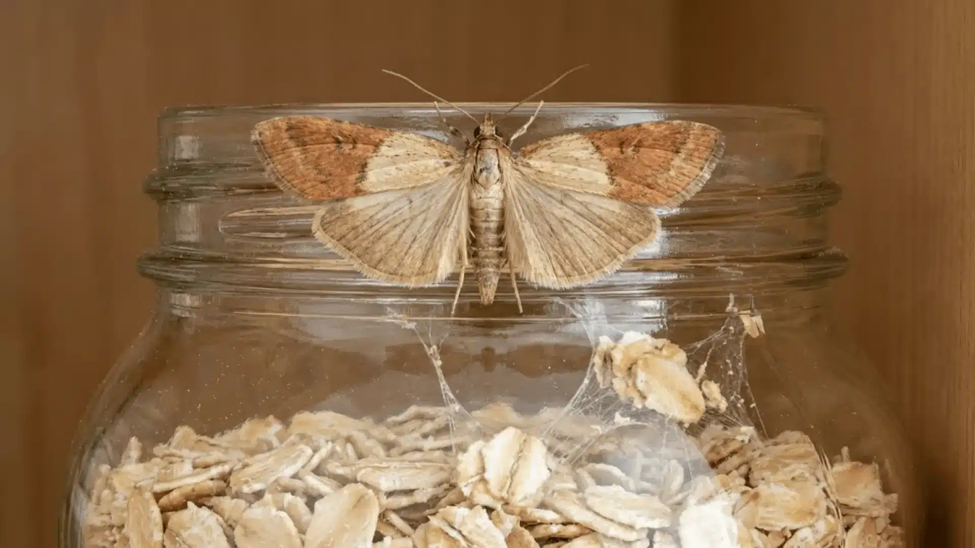 brown and tan indian meal moth on glass jar with oats and visible webbing inside