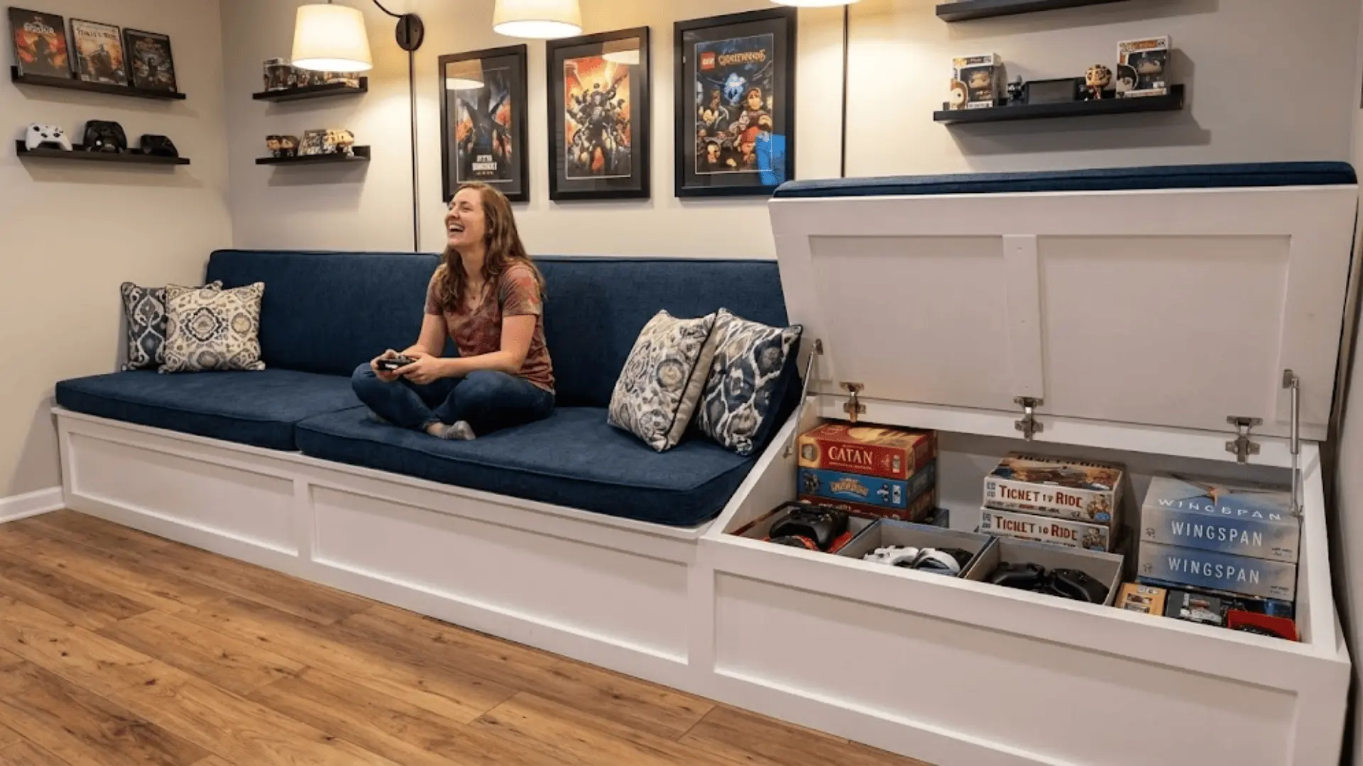 built-in bench seating along wall with lift-up storage compartments and cushioned tops for game room