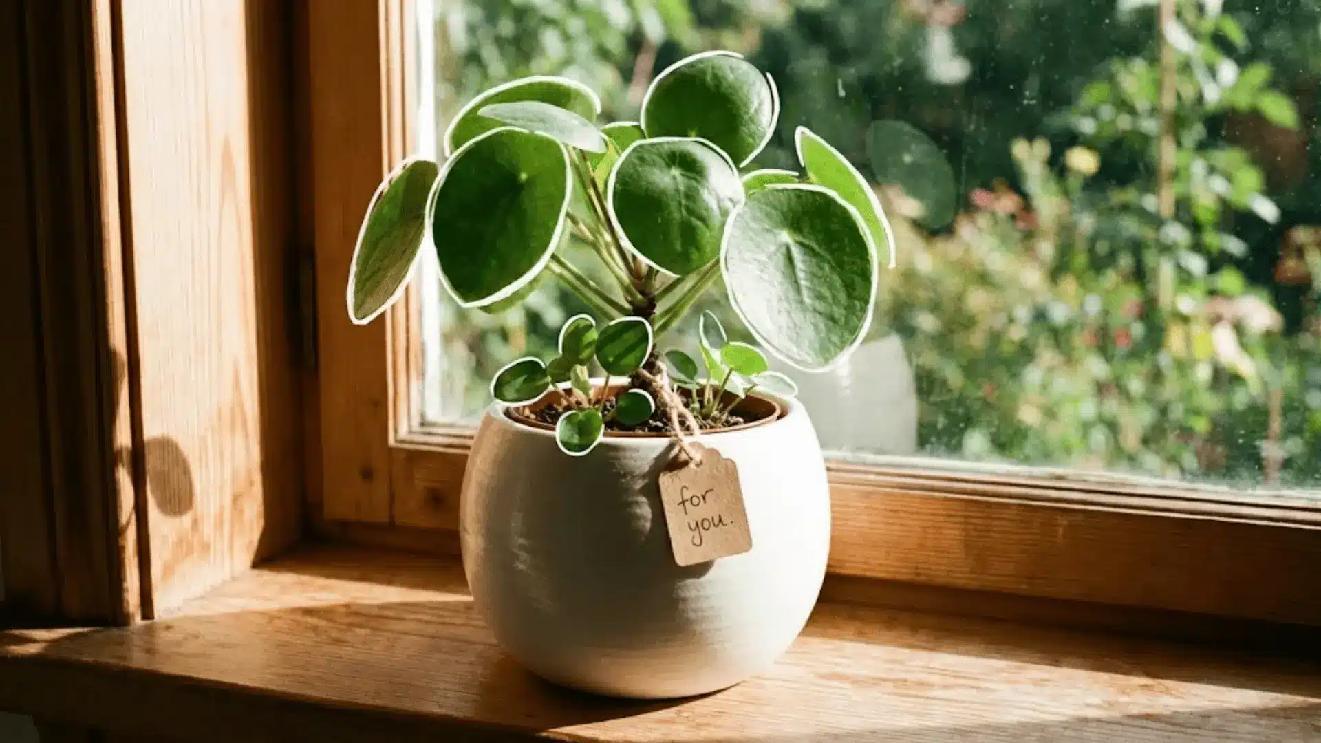 calathea with pilea with coin leaves outlined in white, tiny gift-tagged pup, on a wooden windowsill in morning light outlined patterned leaf on a breakfast table with matcha and croissant in focu