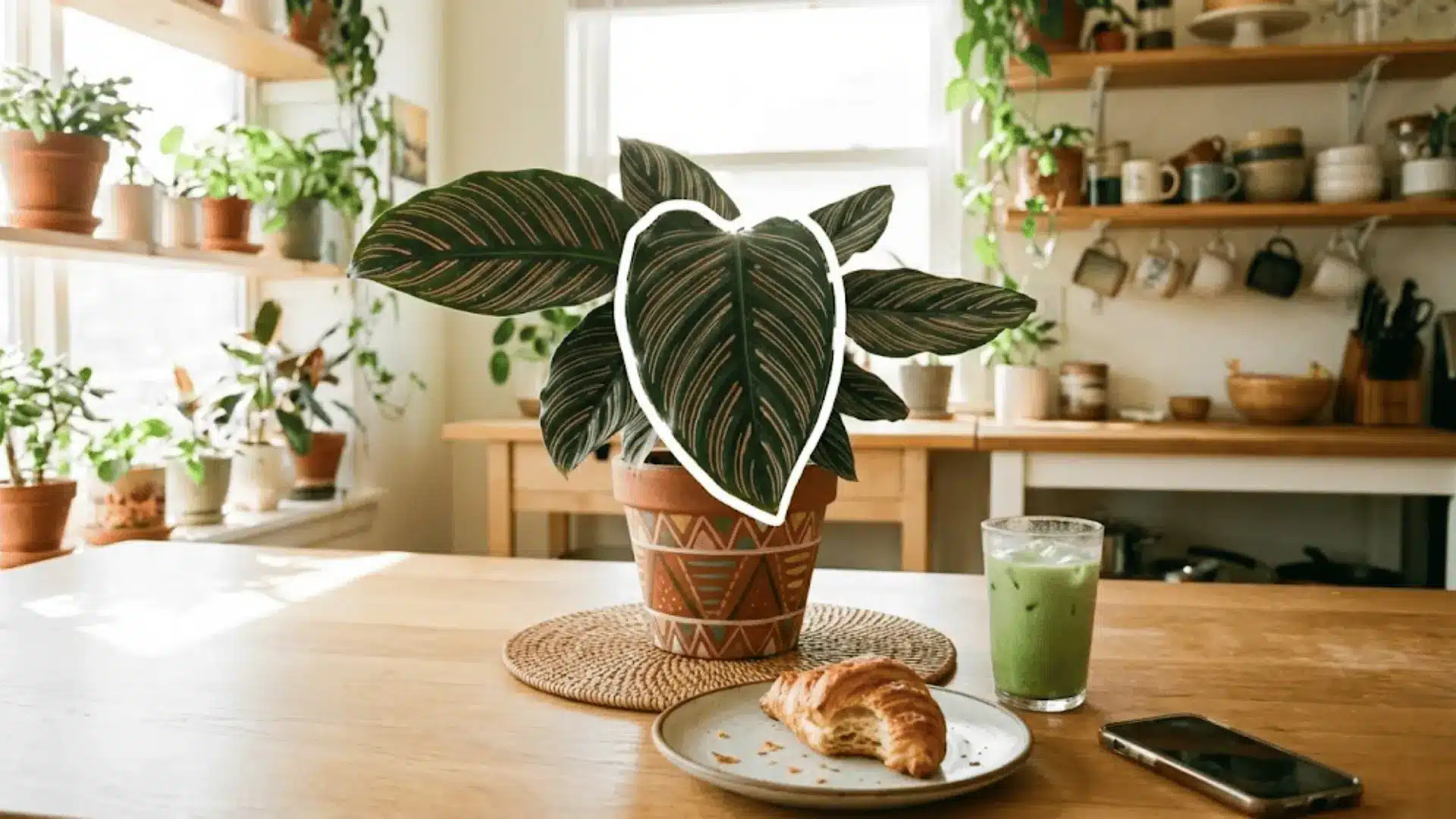 calathea with white outlined patterned leaf on a breakfast table with matcha and croissant in focus
