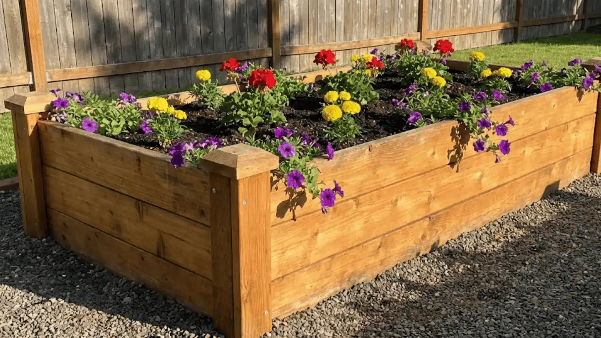 cedar raised garden bed filled with colorful flowers and dark soil
