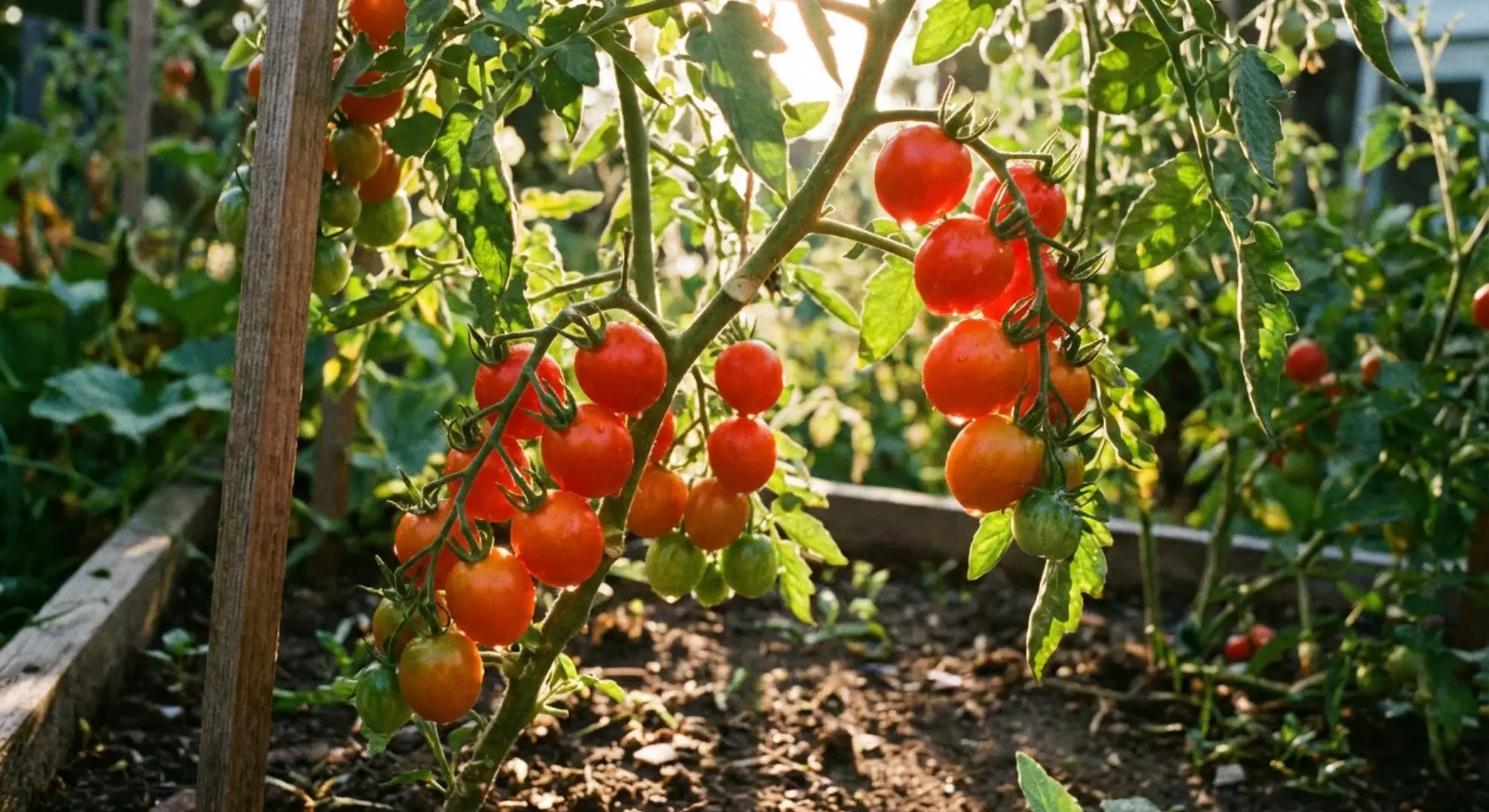 cherry tomato plant with clusters of ripe red tomatoes growing on vine in garden