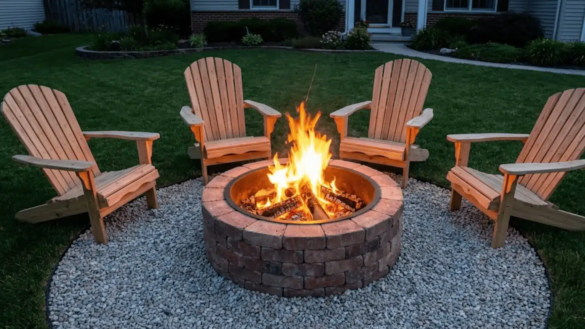 circular brick fire pit with flames surrounded by adirondack chairs at dusk