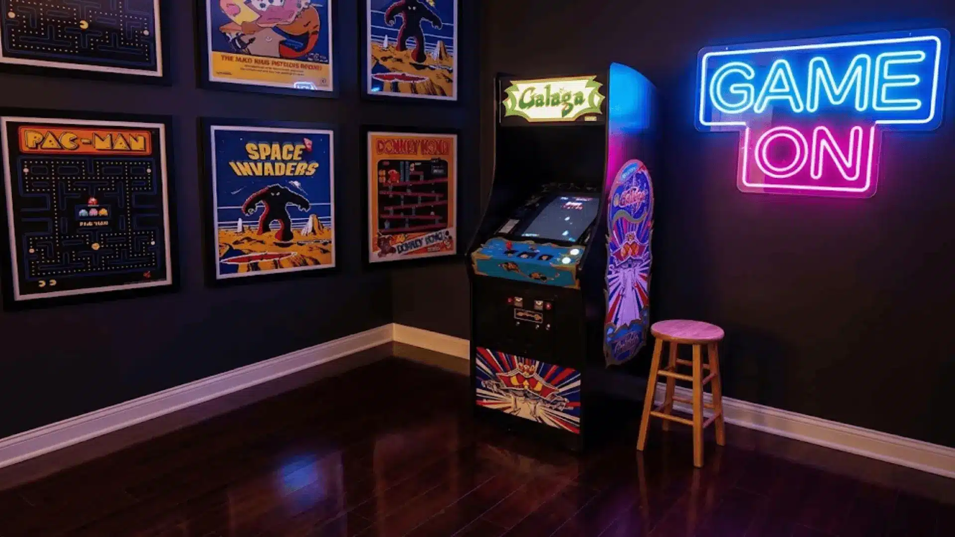 classic arcade cabinet in corner with retro game posters and neon signs creating nostalgic gaming atmosphere