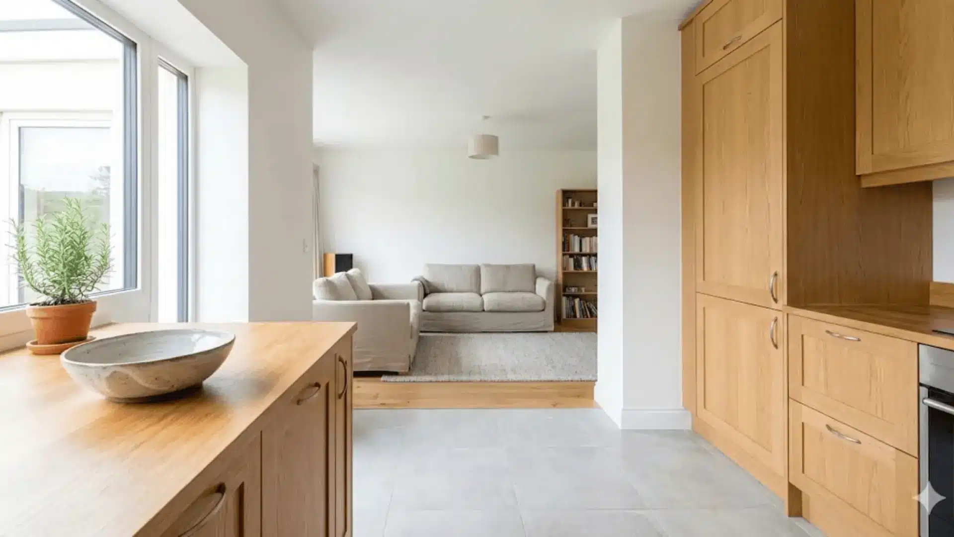 clean modern kitchen and living space interior with natural light wooden countertop and a small potted herb