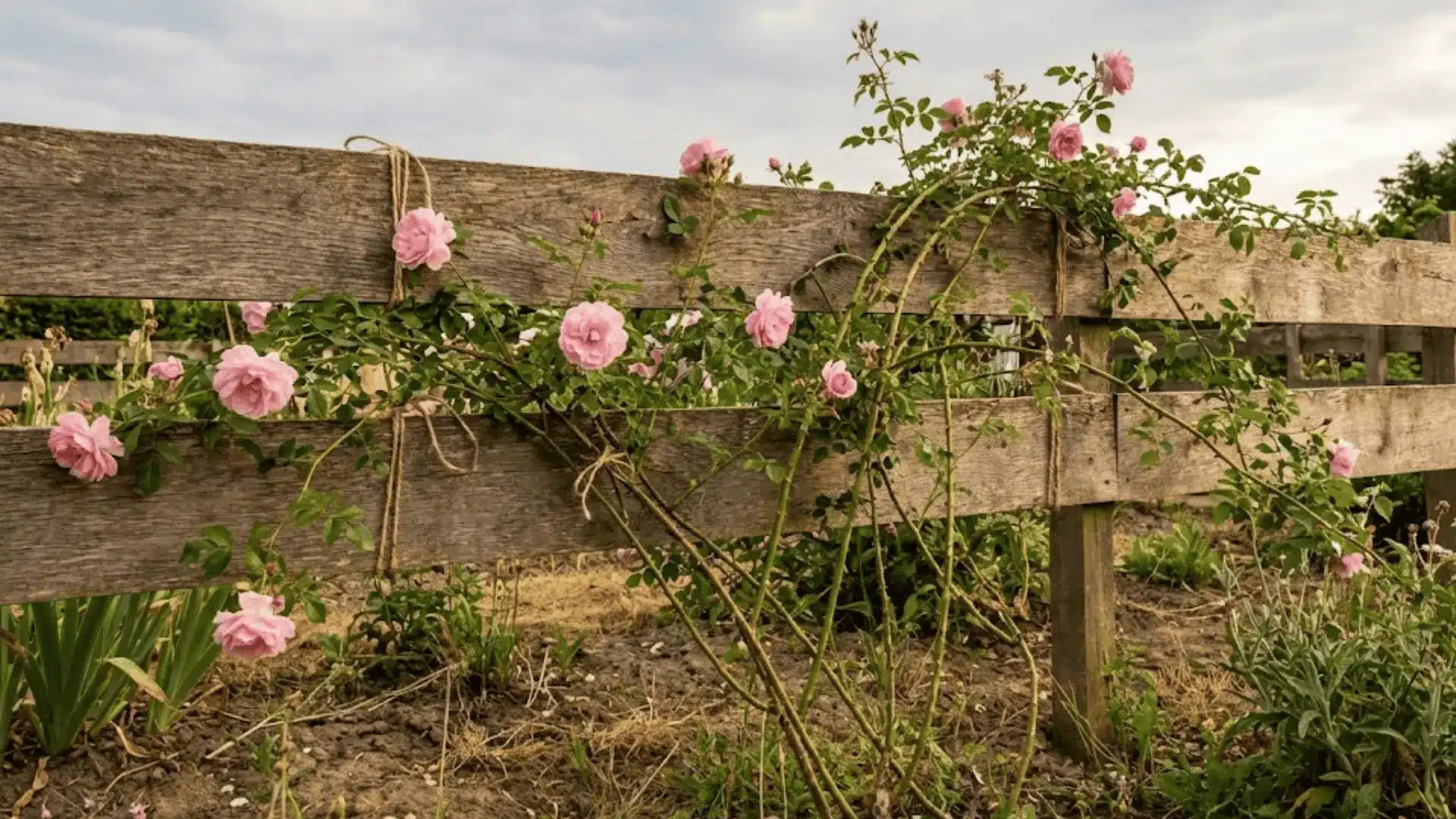 climbing rose scrambling across a rustic wooden garden fence with pink blooms and natural twine ties