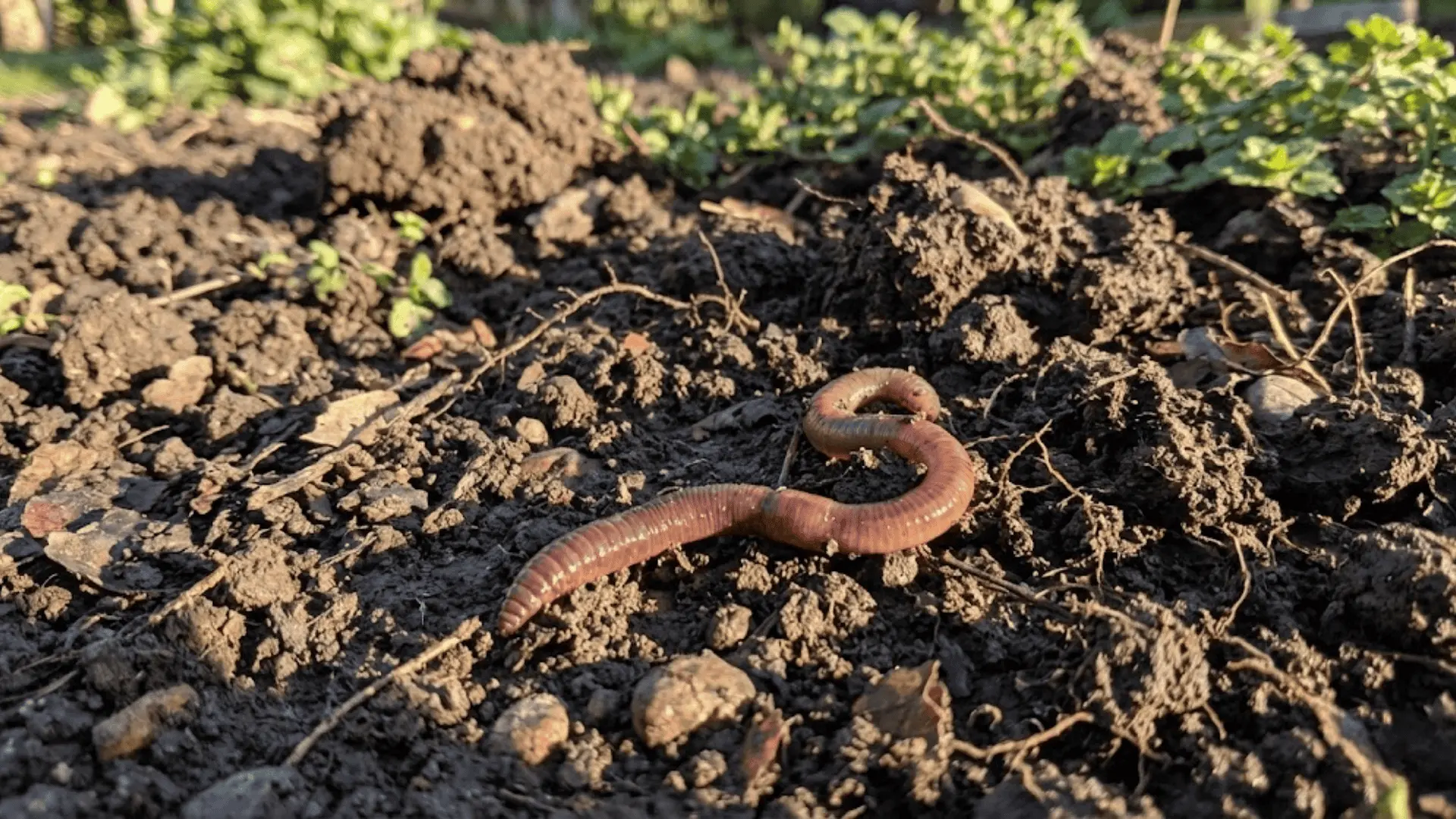 close-up of a single earthworm resting on dark crumbly garden soil with organic debris in warm natural daylight