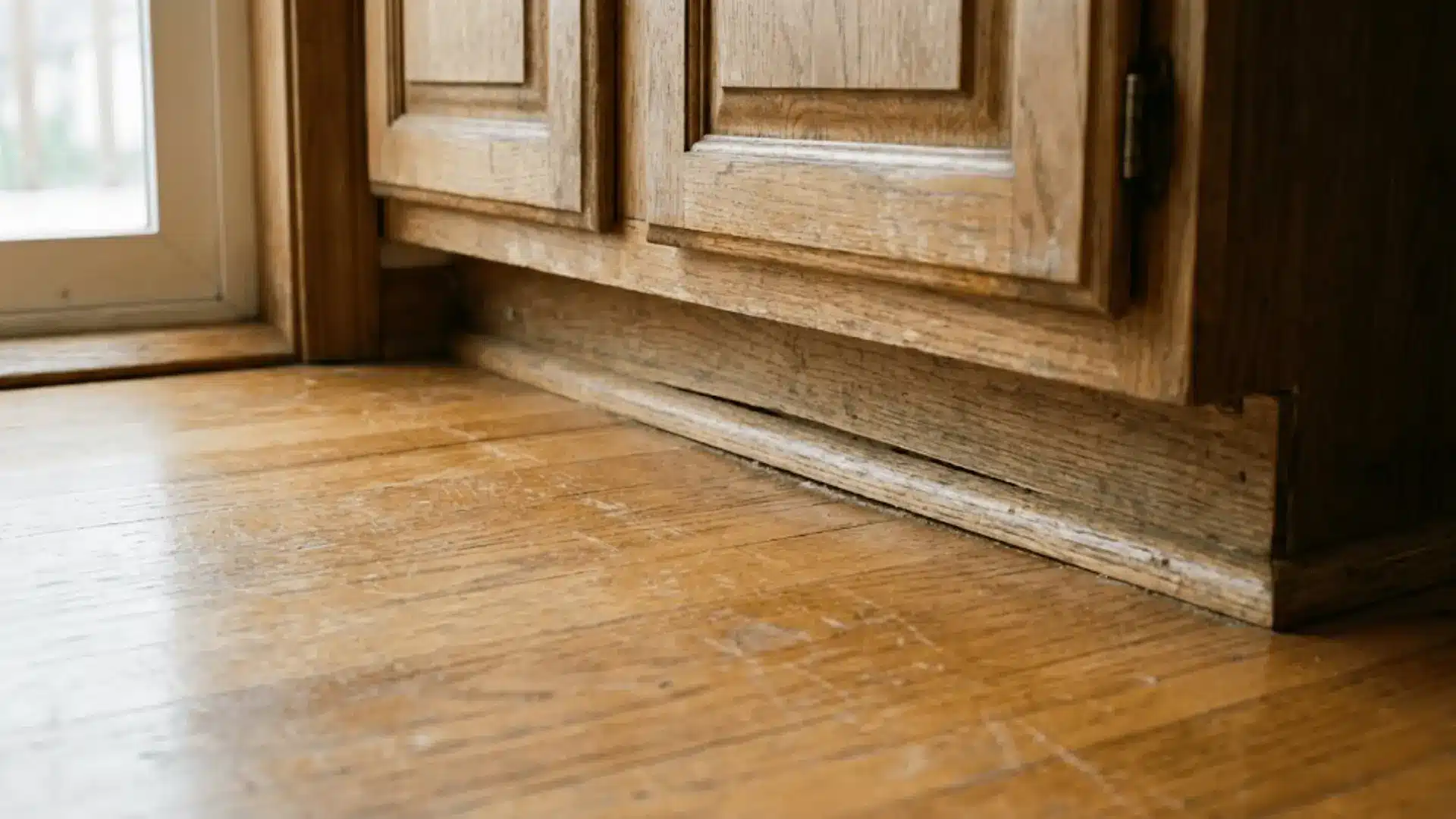 close-up of a weathered wooden cabinet base meeting a hardwood floor with a narrow natural gap along the baseboard