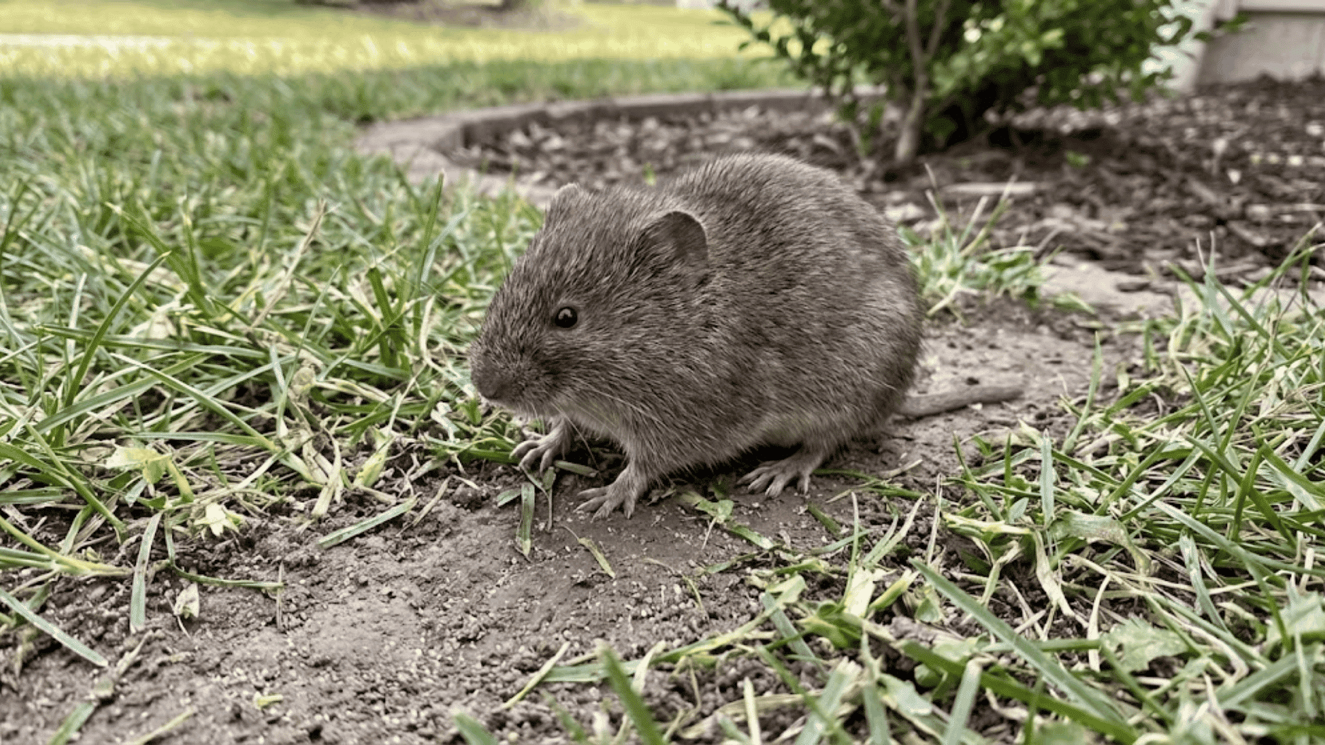 close-up of brown vole with chunky body and short tail near shallow grass runway showing gnawed plant material