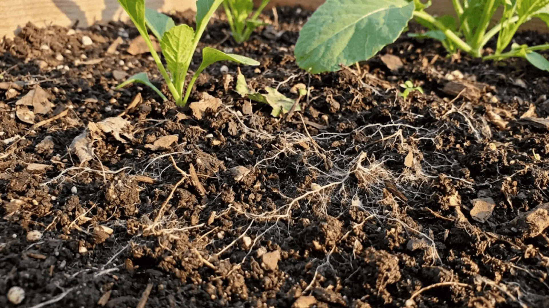 close-up of dark garden soil with visible white mycorrhizal fungal threads organic debris and green plant stems in warm golden daylight