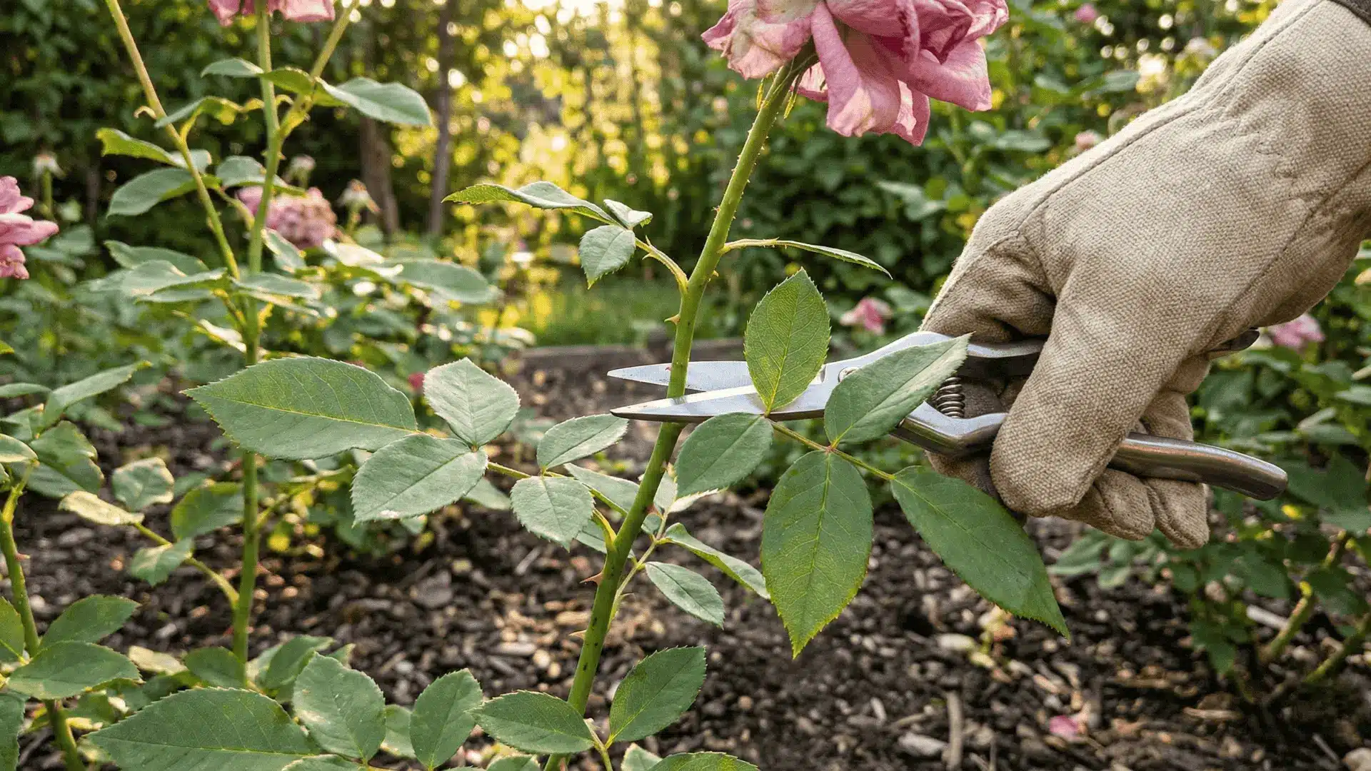 close-up of pruning shears positioned above five-leaflet rose node in natural garden setting