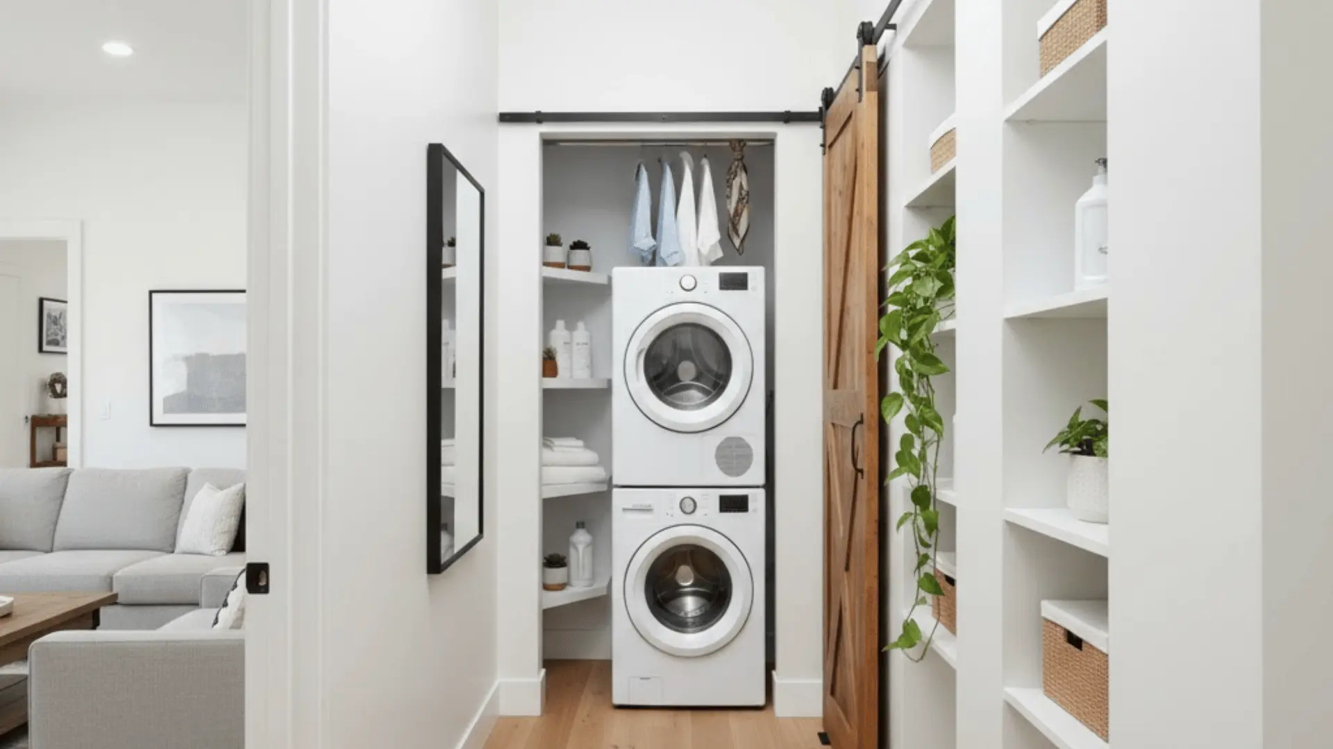 closet laundry room conversion with stacked washer dryer and corner shelving