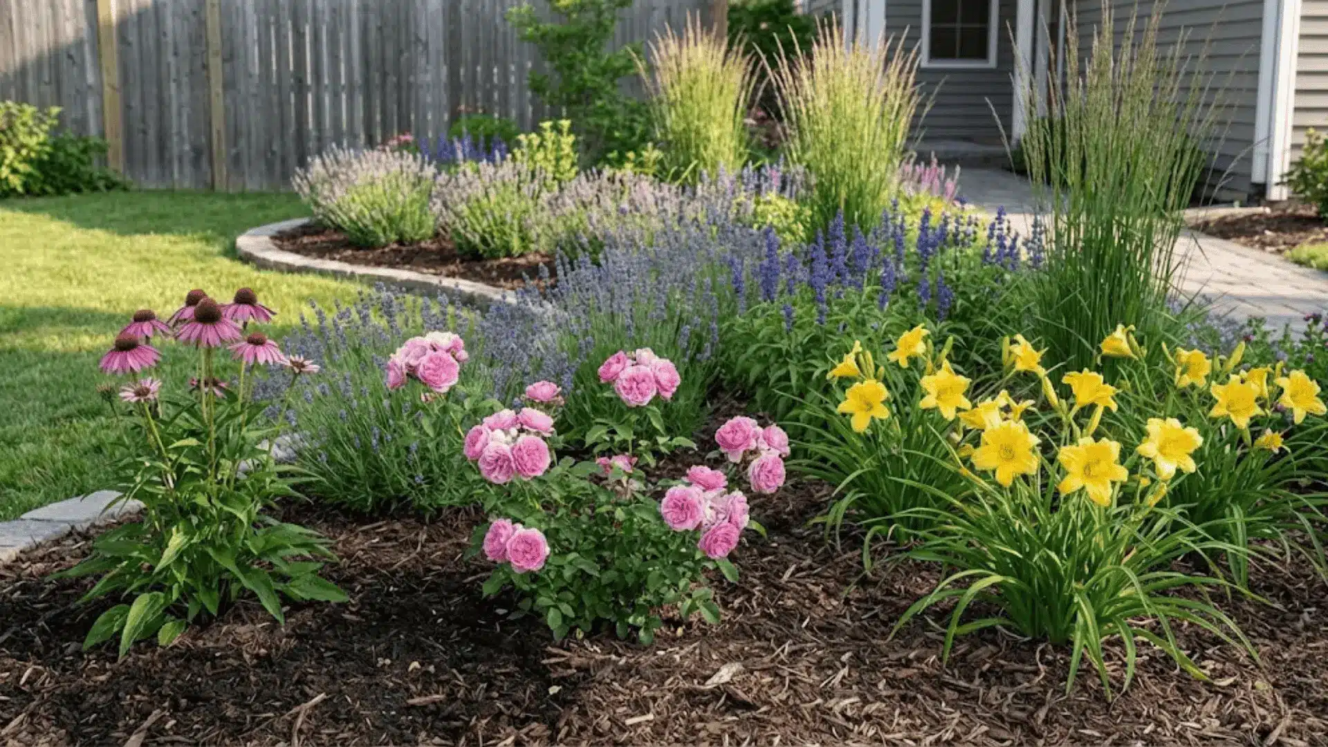 colorful flower bed with blooms planted in odd-numbered clusters creating natural balanced garden design