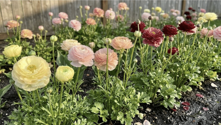 colorful ranunculus flowers blooming in garden bed during spring with layered ruffled petals