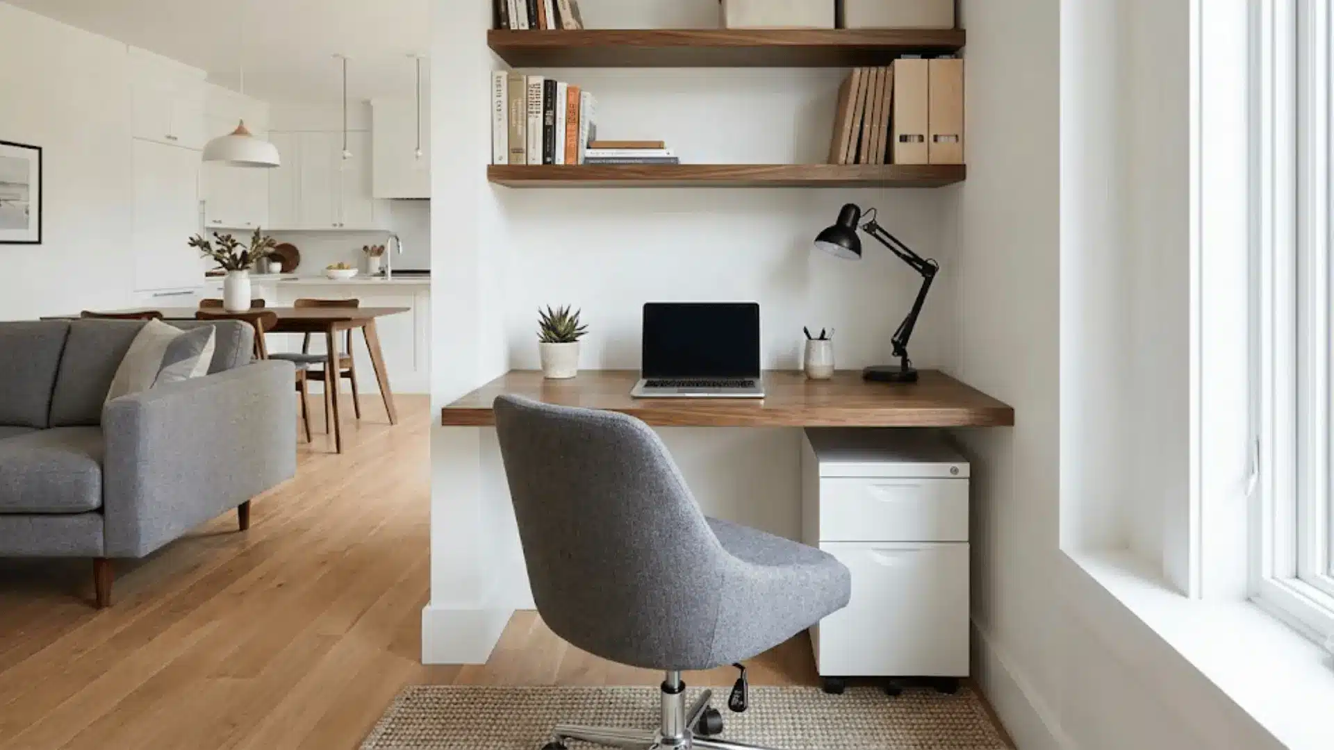 compact home office desk nook in corner of open floor plan