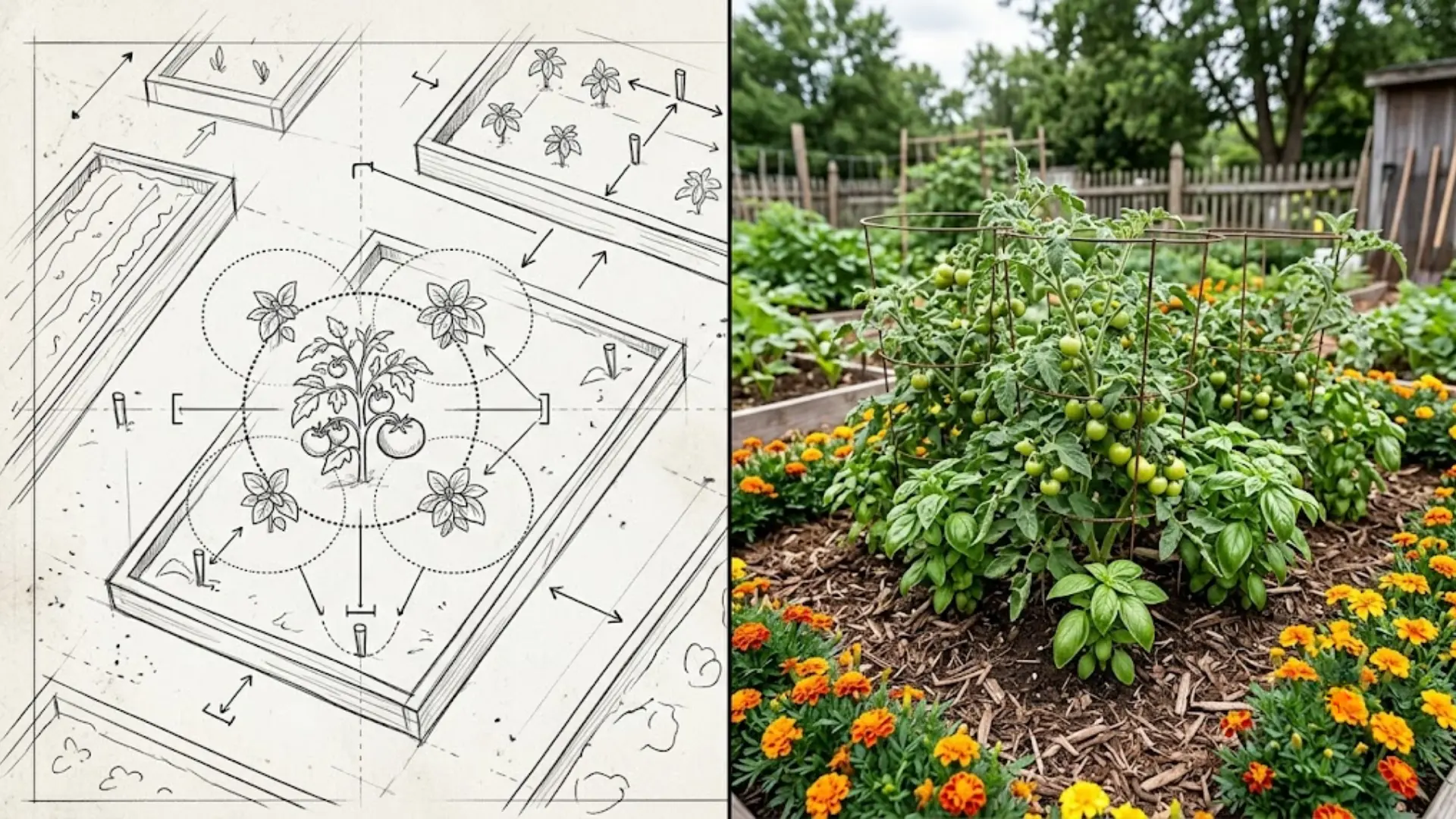 diagram and real photo of a companion planting bed with tomatoes and basil