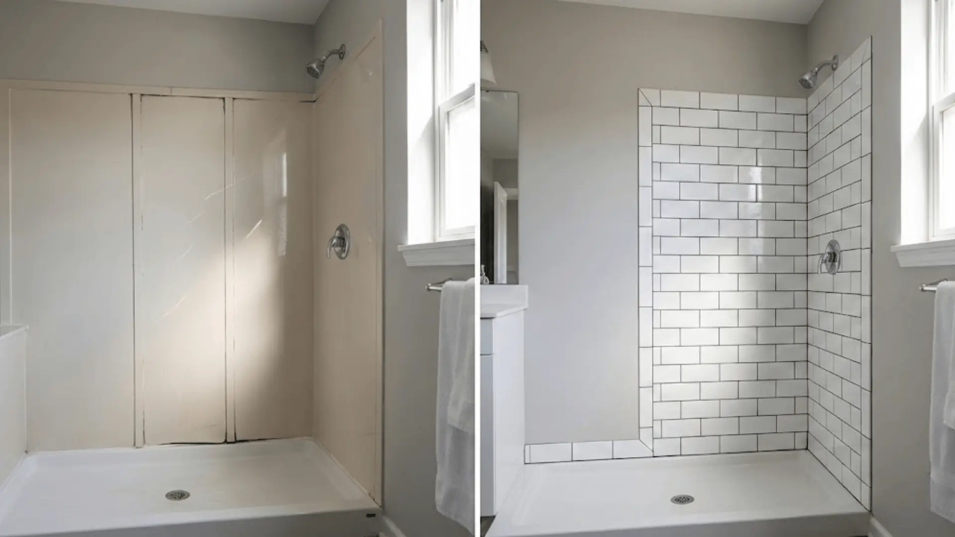 comparison of groutless shower panels with visible seams and traditional tiled shower in modern bathroom setting