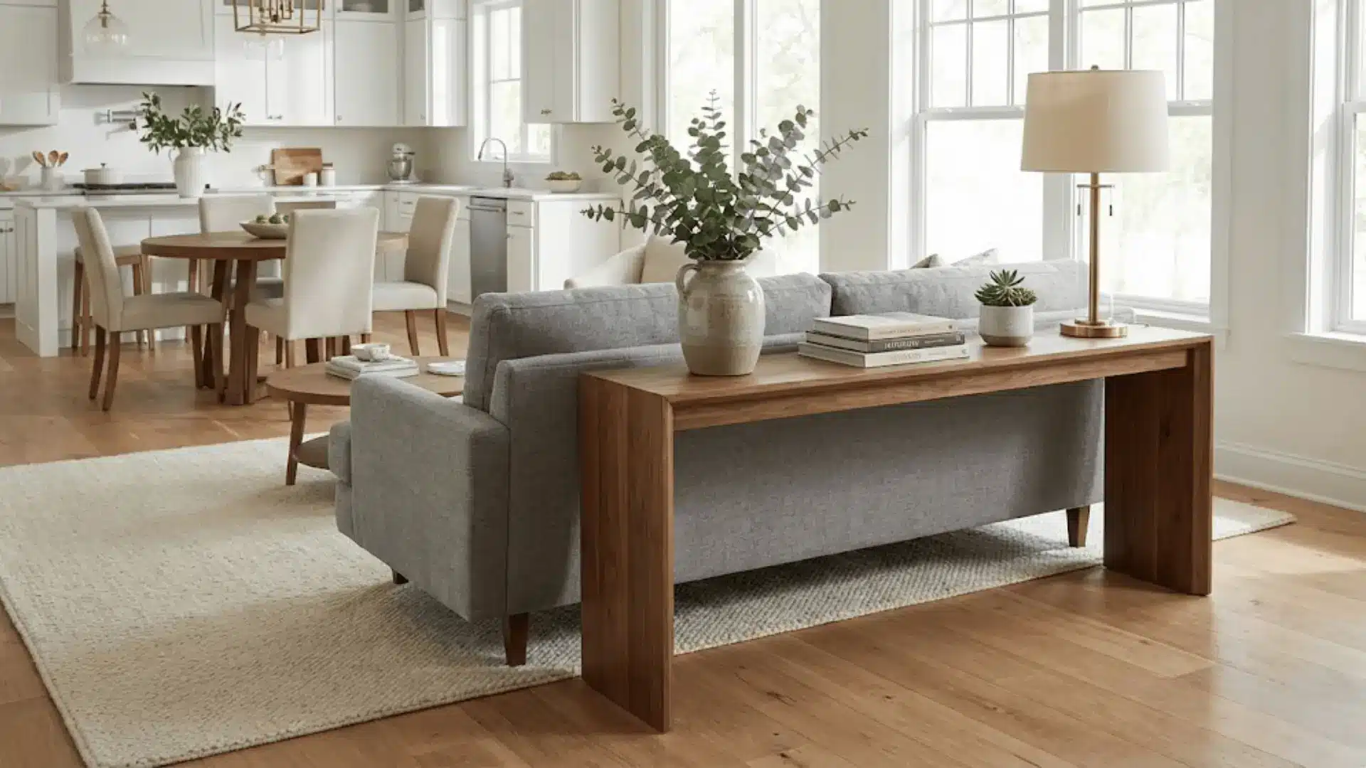 console table behind floating sofa with decor in open floor plan