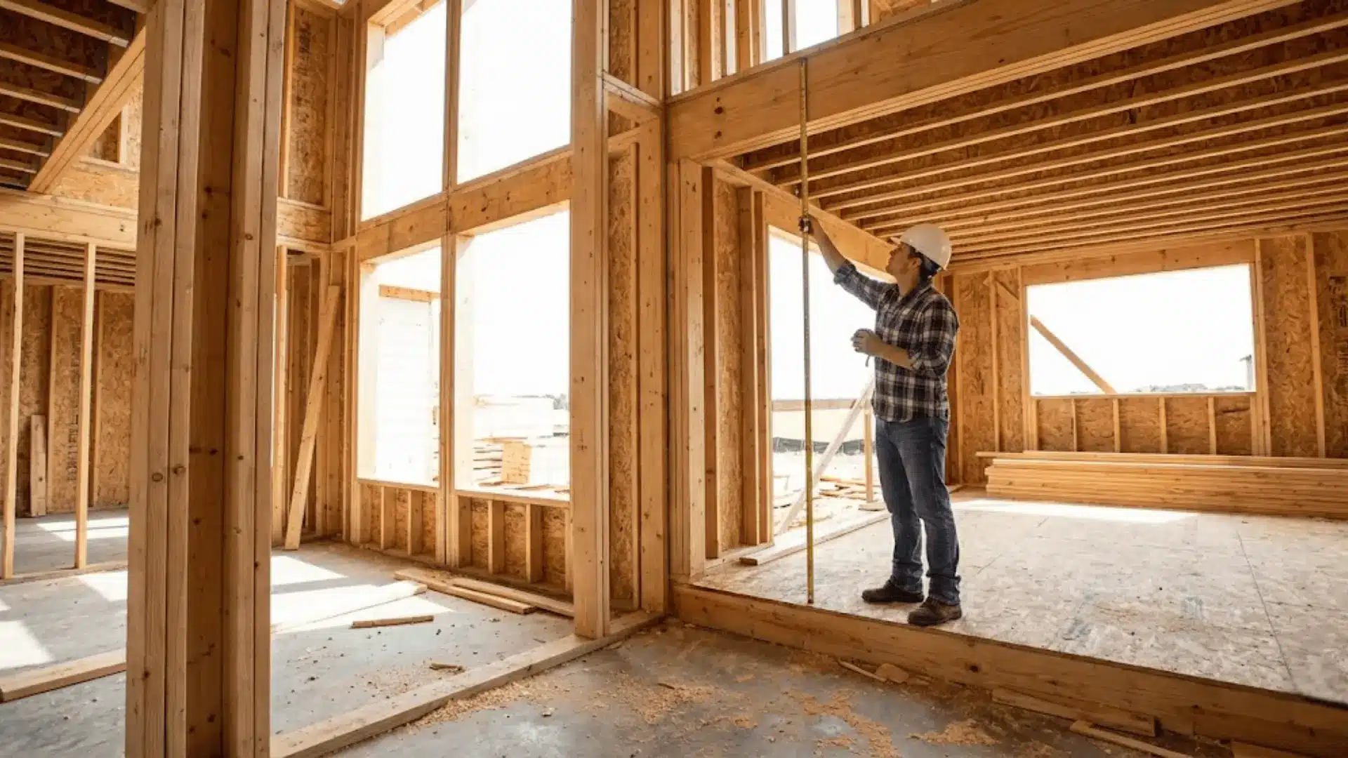 construction worker measuring story height between floor joists and top plate inside residential wood framing