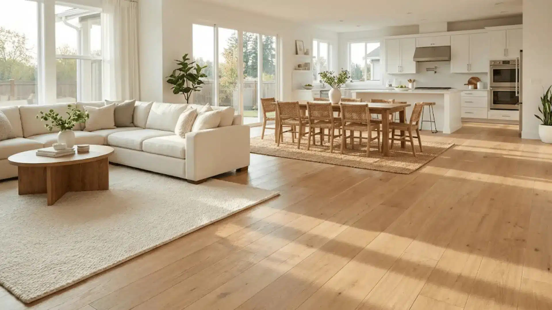 continuous light oak hardwood flooring throughout open floor plan creating flow