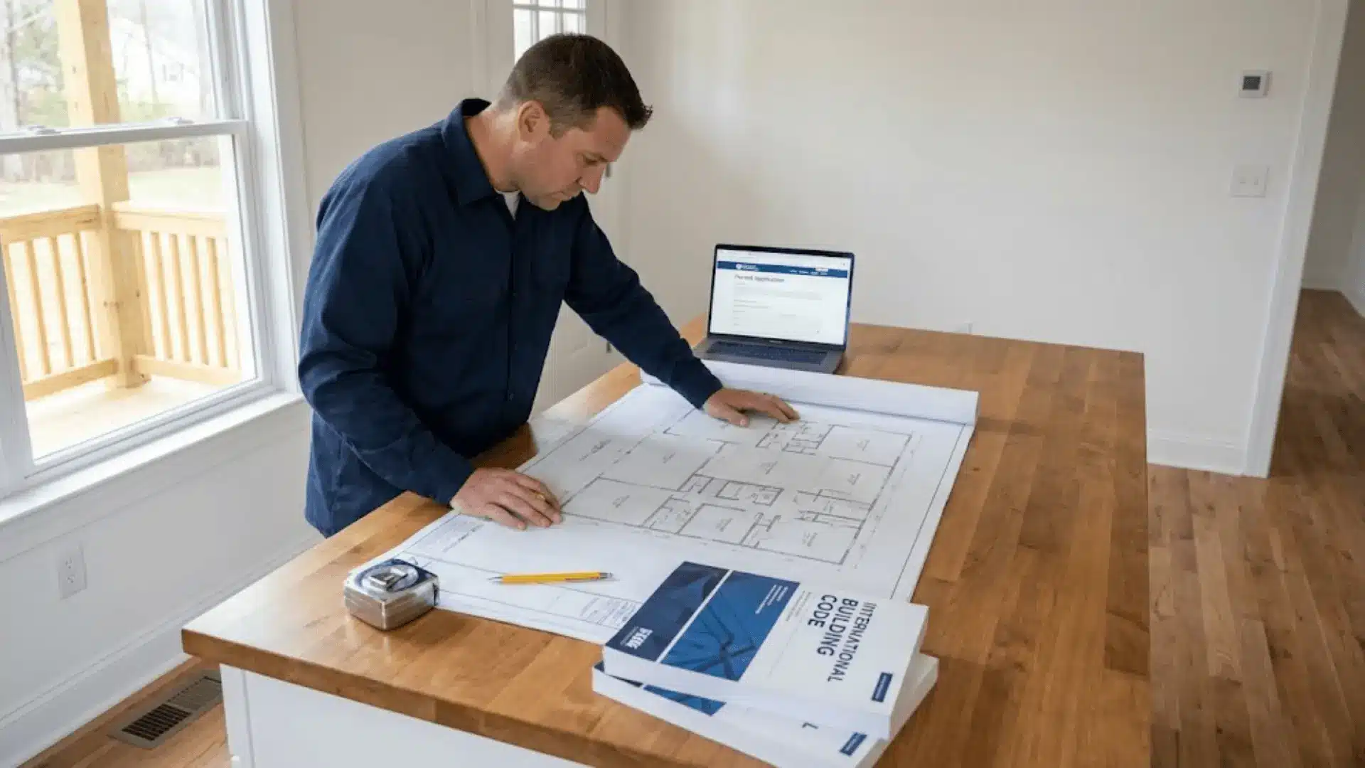 contractor reviewing porch enclosure permit drawings on a table with building code booklets and an open laptop