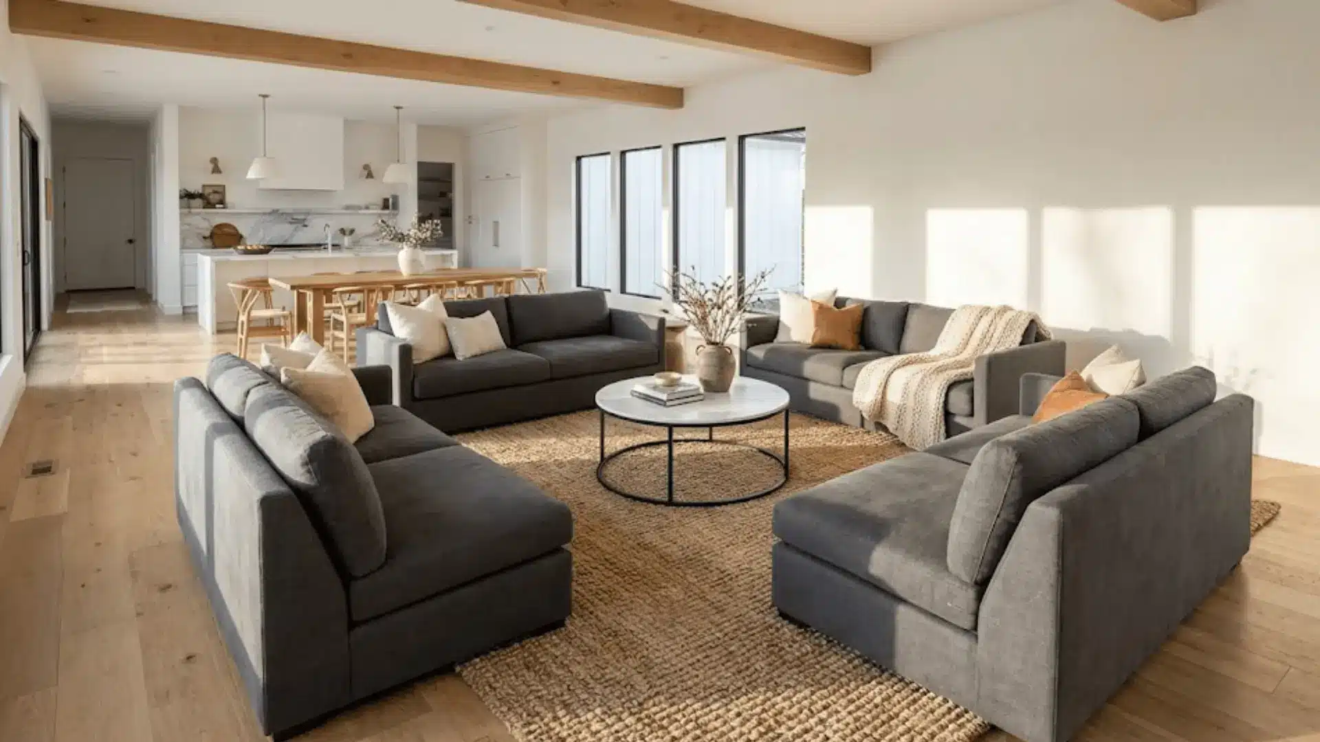conversation pit with four sofas arranged inward in open floor plan living room