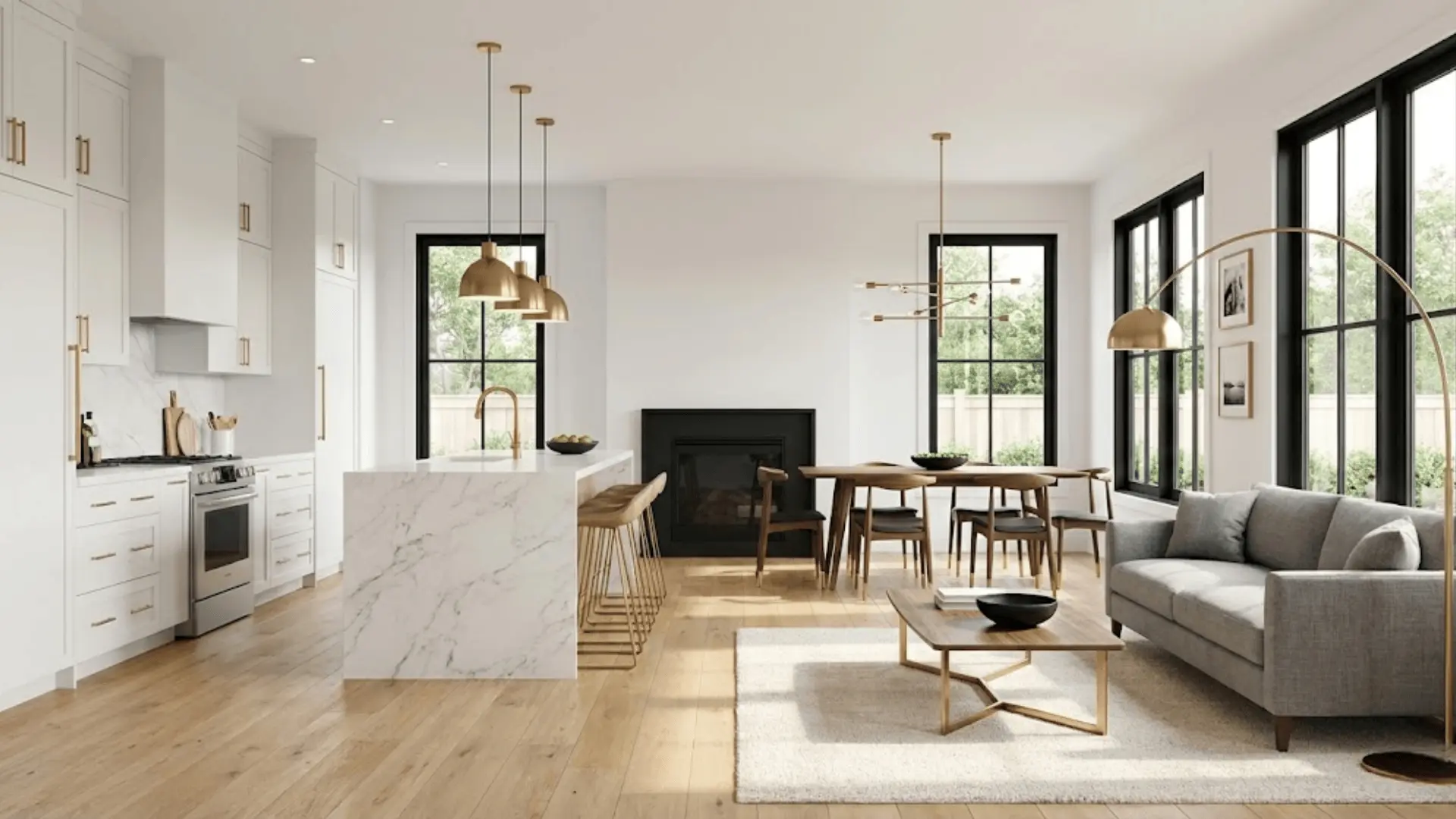 coordinated brass and black metal finishes throughout open floor plan kitchen and living area