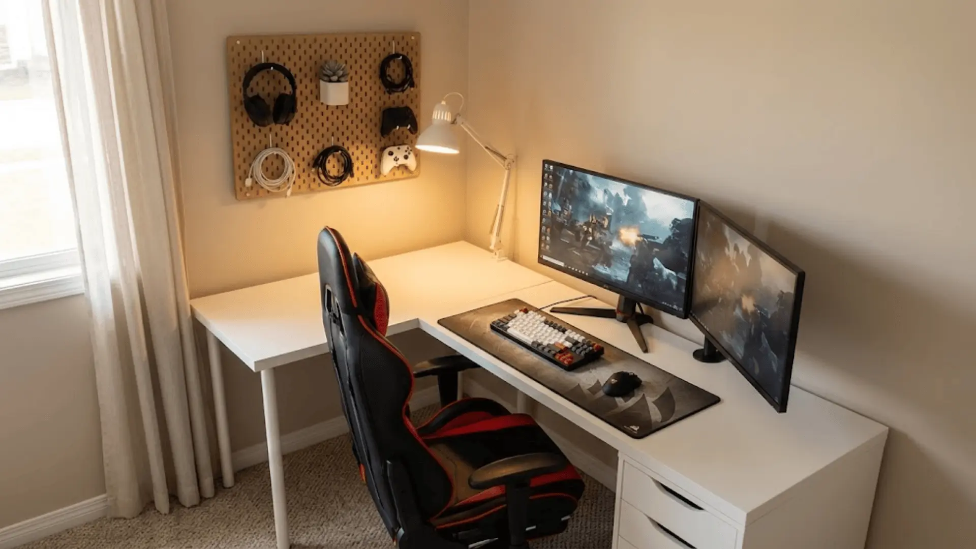 corner gaming desk setup with dual monitors, ergonomic chair, and pegboard organizer in bedroom nook