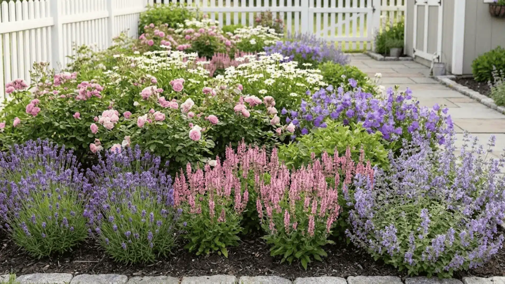 cottage garden with lavender salvia and catmint planted in clusters of five with pastel blooms