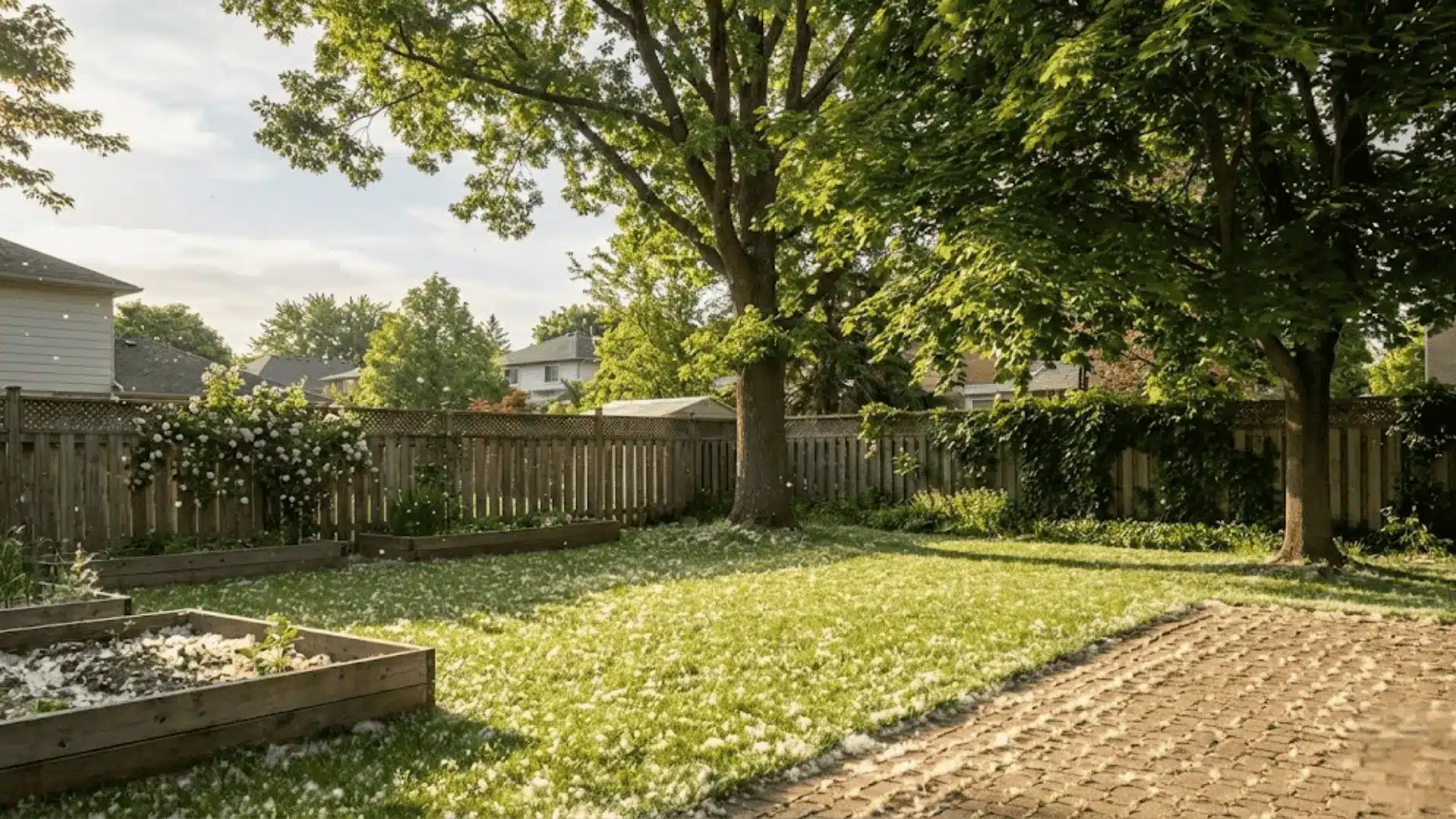 cottonwood fluff drifting across a sunny suburban backyard in late spring with green lawn and brick path
