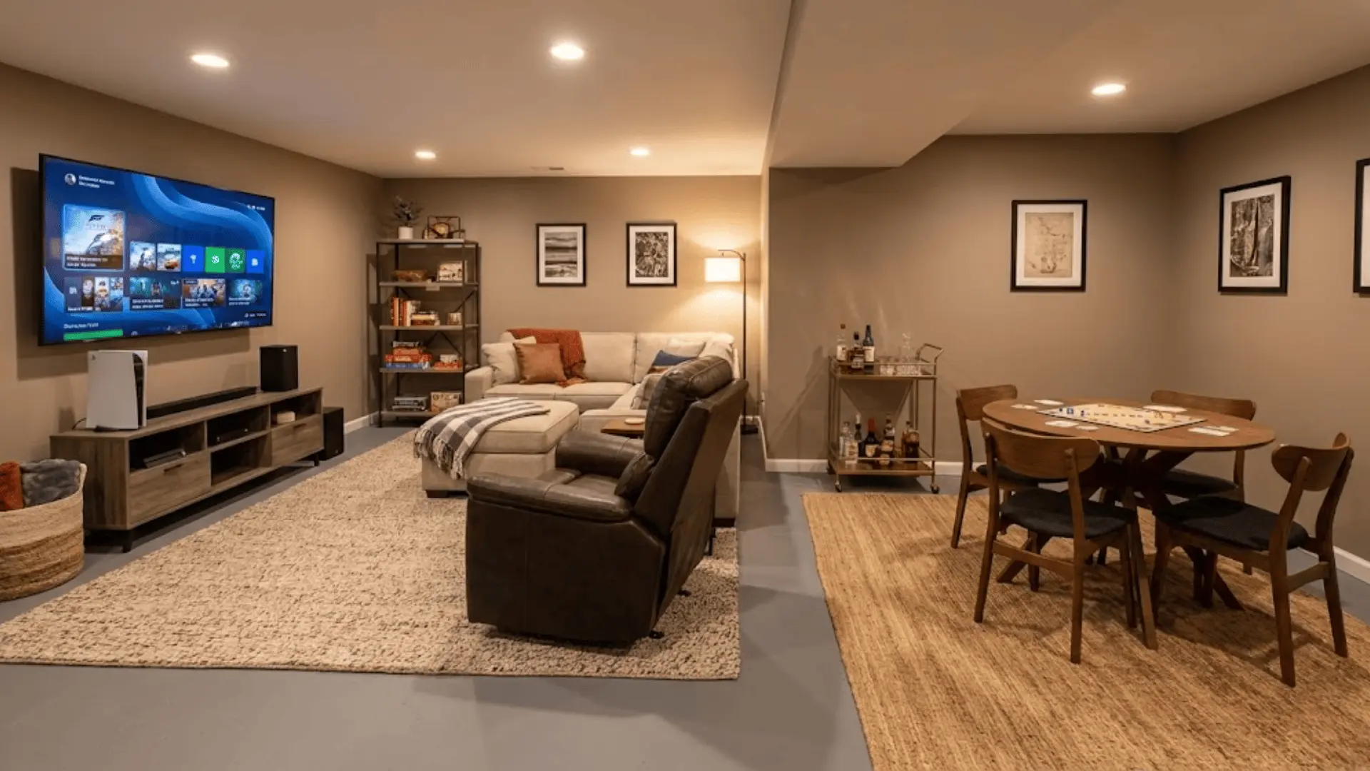cozy basement game room with area rugs, comfortable seating, gaming zone, and board game table area