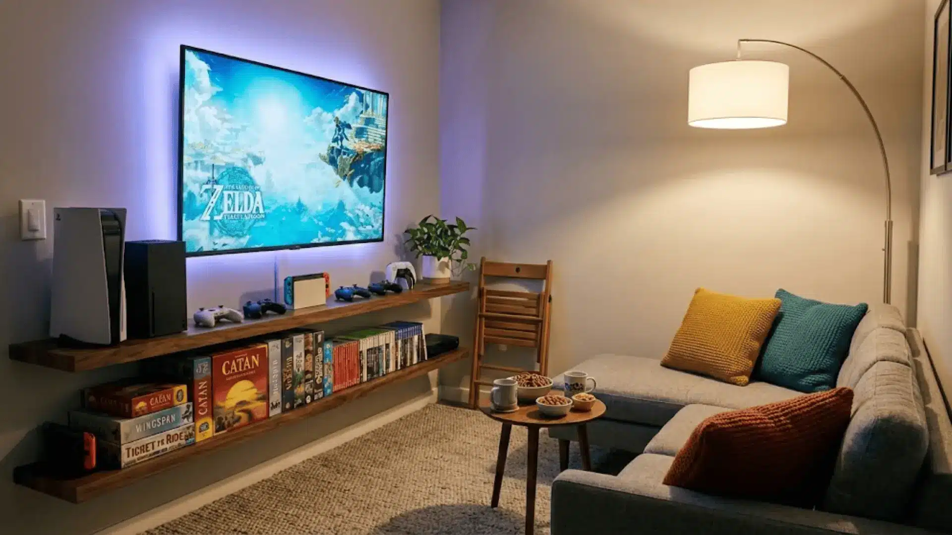 cozy small game room corner with wall-mounted tv, floating shelves, compact sofa, and ambient led lighting in apartment