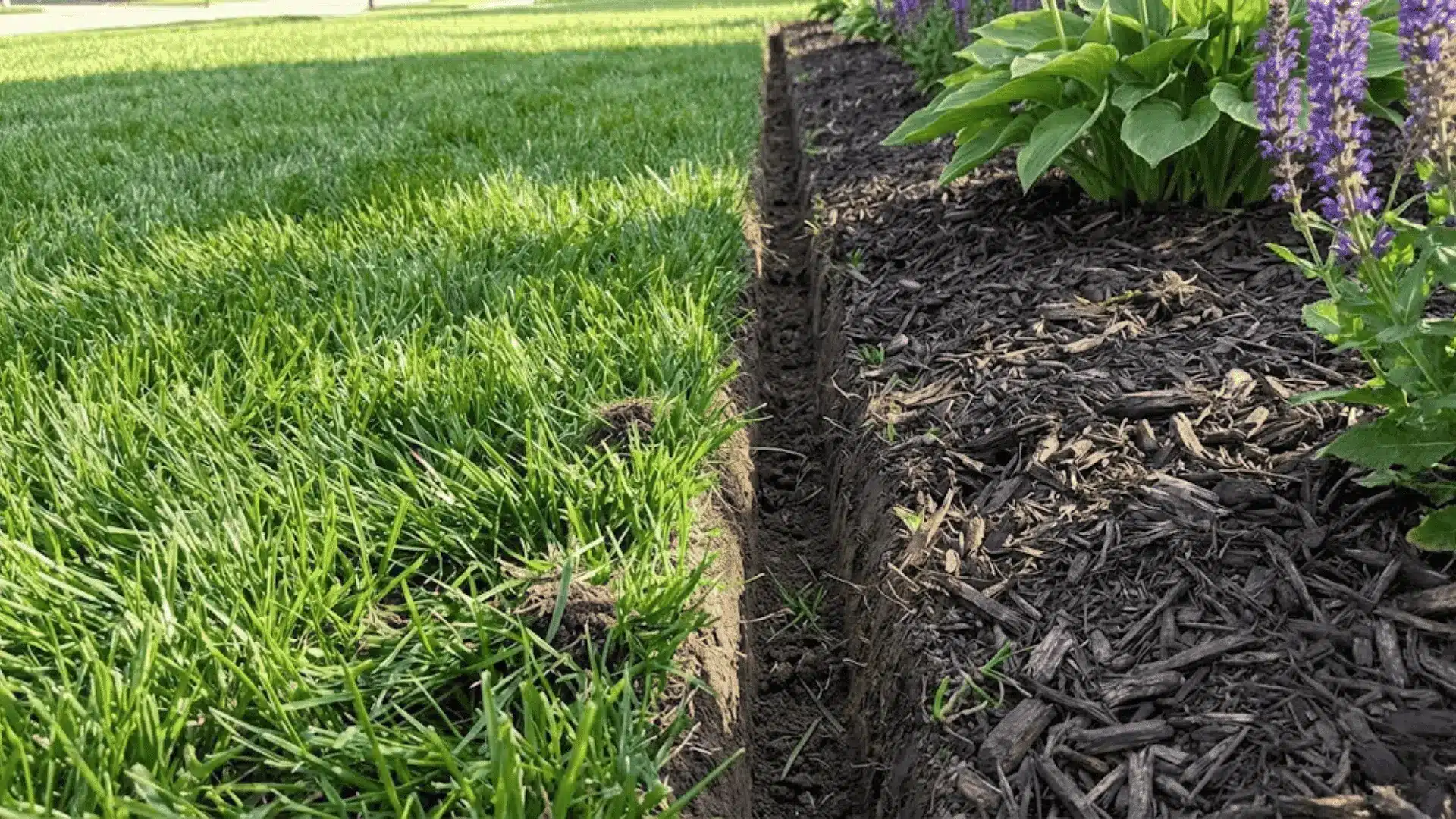 crisp edge between green lawn and mulched garden bed showing clean line