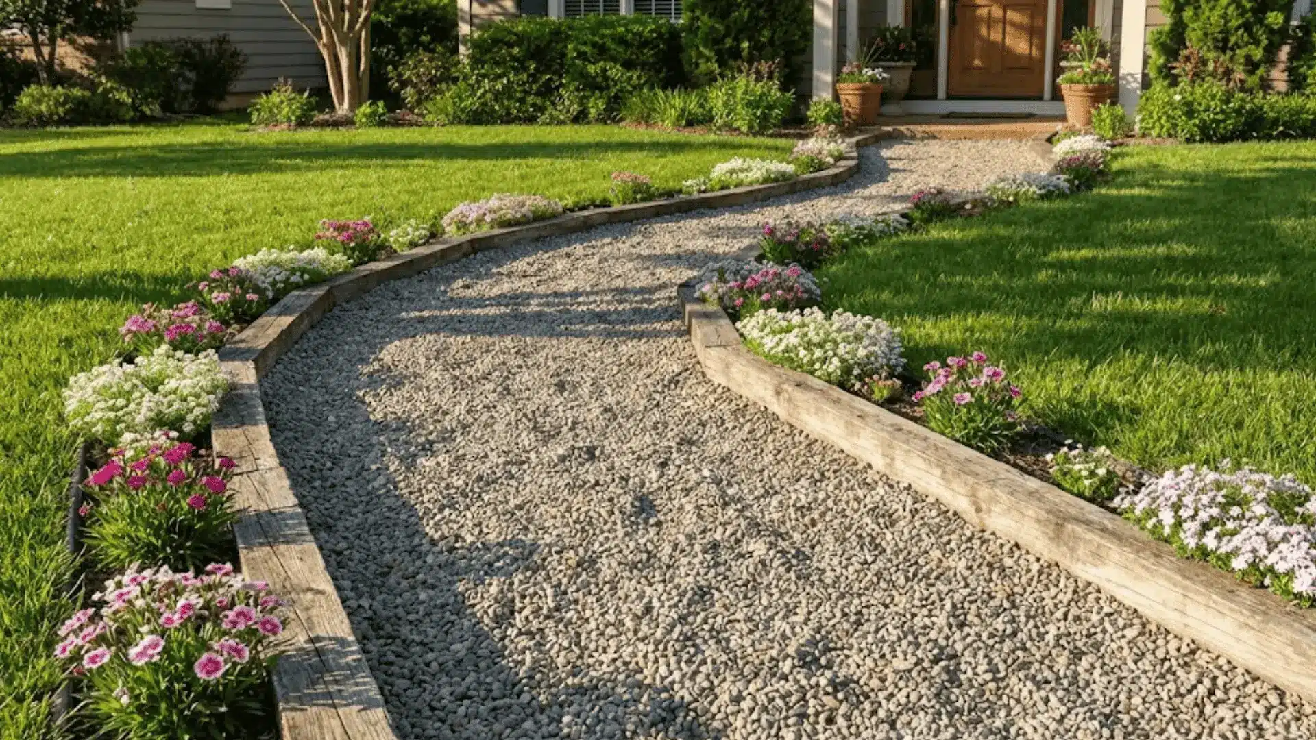 curved pea gravel pathway with timber edging through front yard lawn