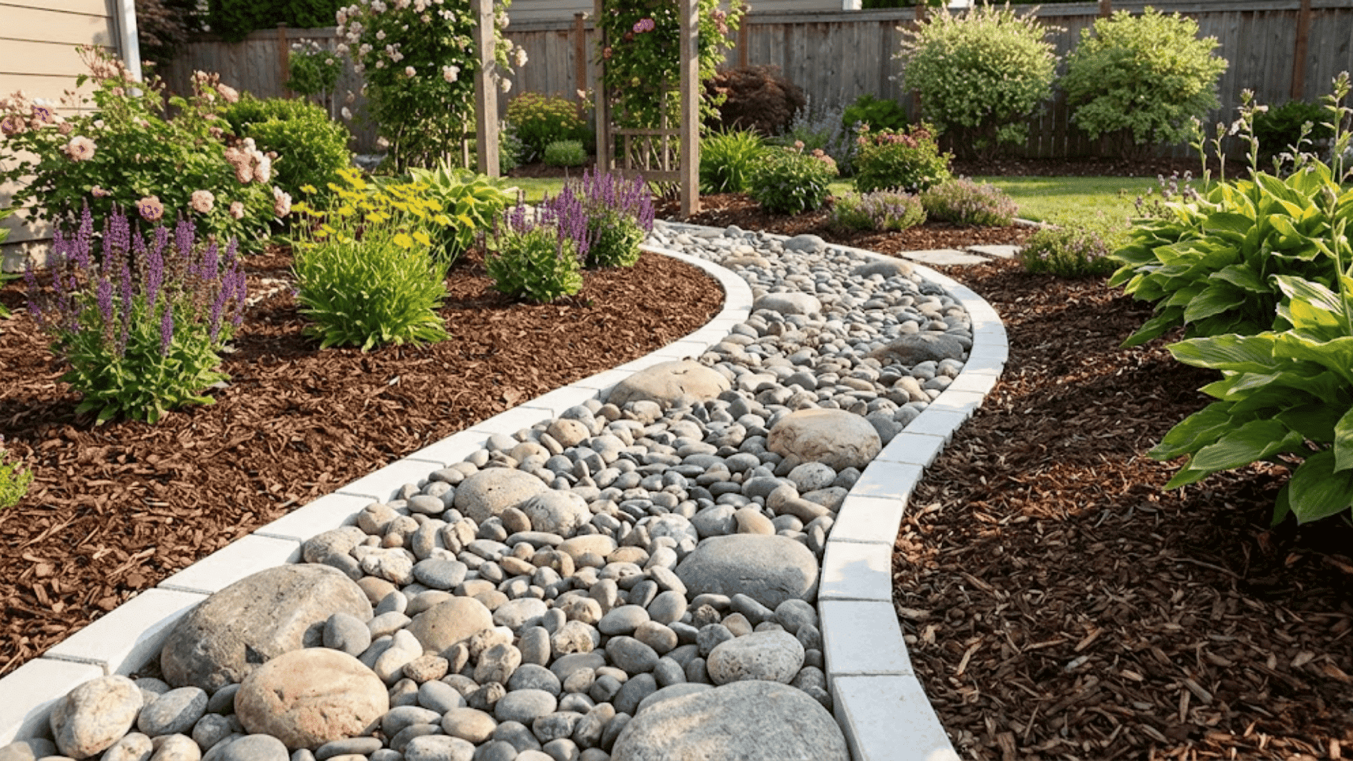 curved stone pathway bordered by mulched garden beds with colorful flowering plants and hostas