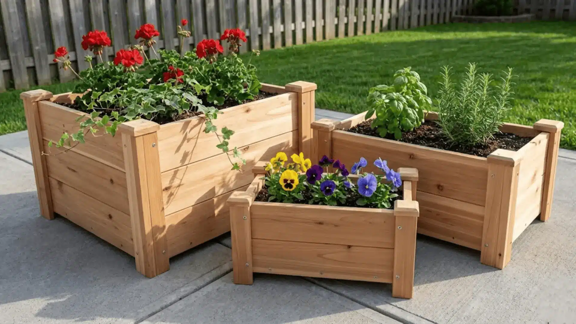 custom cedar planters in varying sizes filled with flowers and herbs